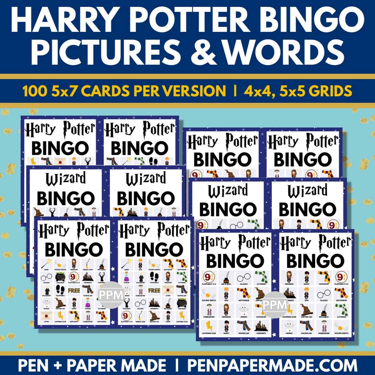 wizard and harry potter bingo 5x5, 4x4 game cards bundle.