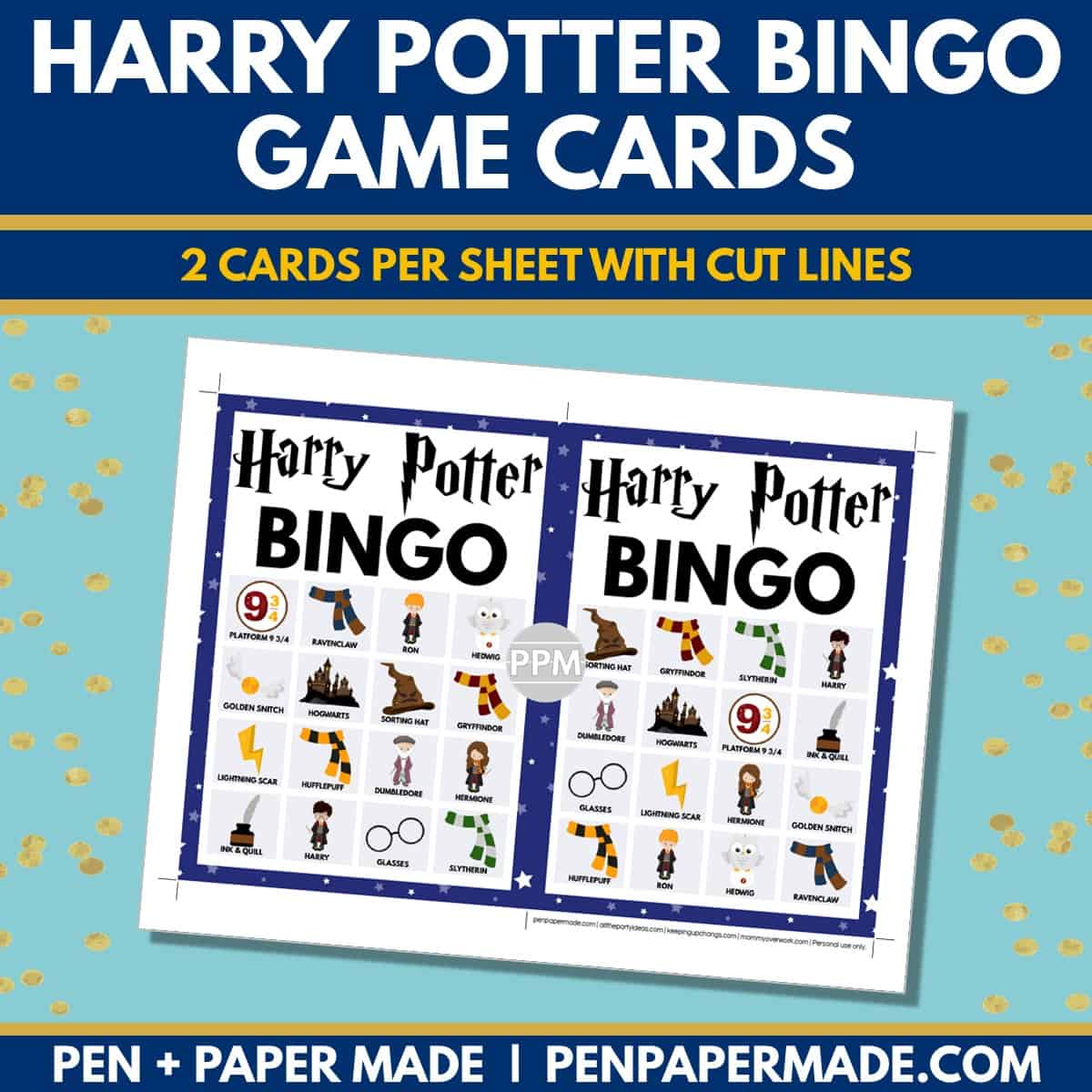 wizard and harry potter bingo card 4x4 5x7 game boards with images and text words.