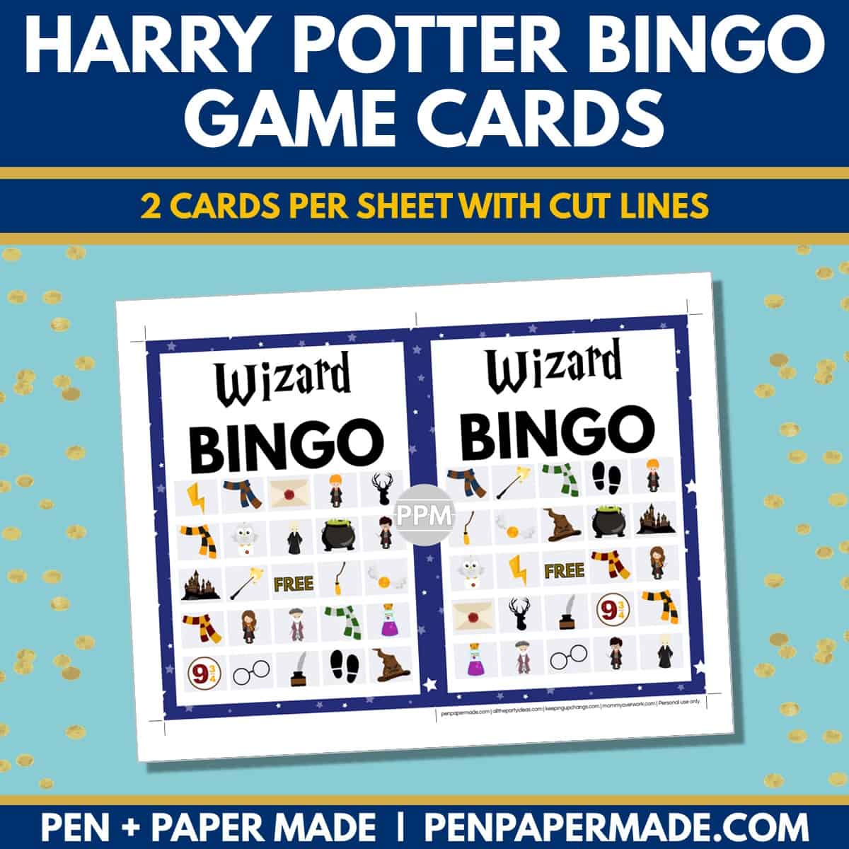 wizard and harry potter bingo card 5x5 5x7 game boards with images and text words.