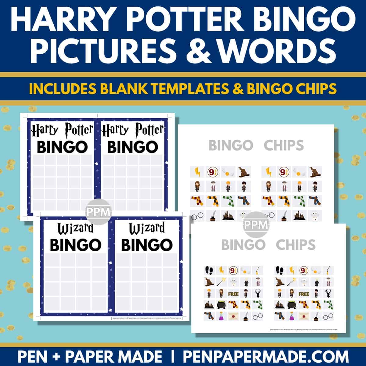 wizard and harry potter bingo card 5x5, 4x4, 3x3 game chips, tokens, markers.