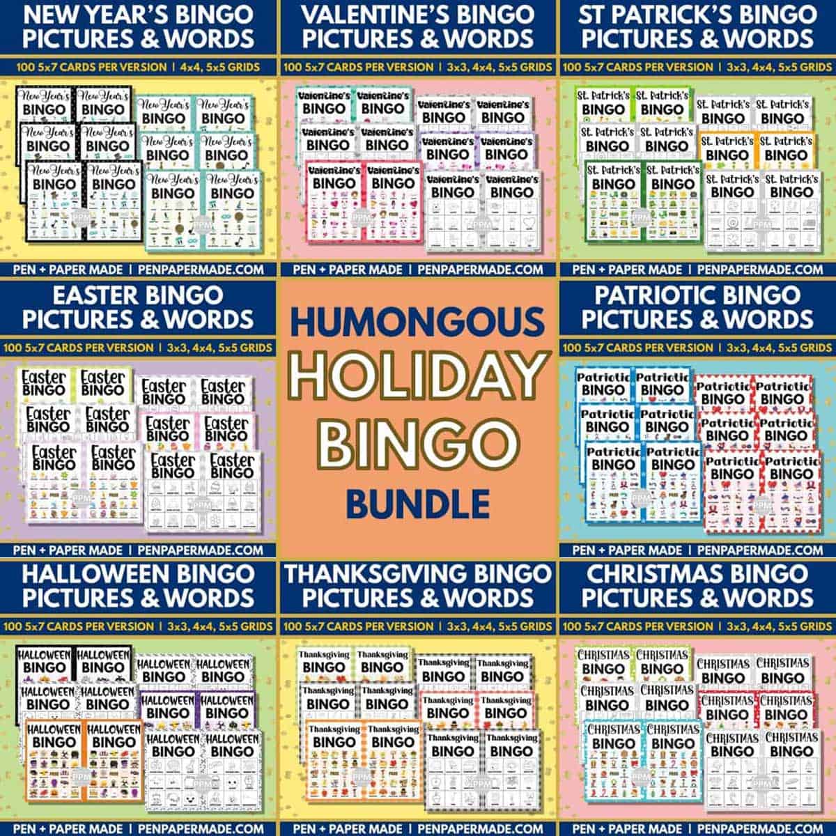 holiday bingo 5x5, 4x4, 3x3 game cards bundle.
