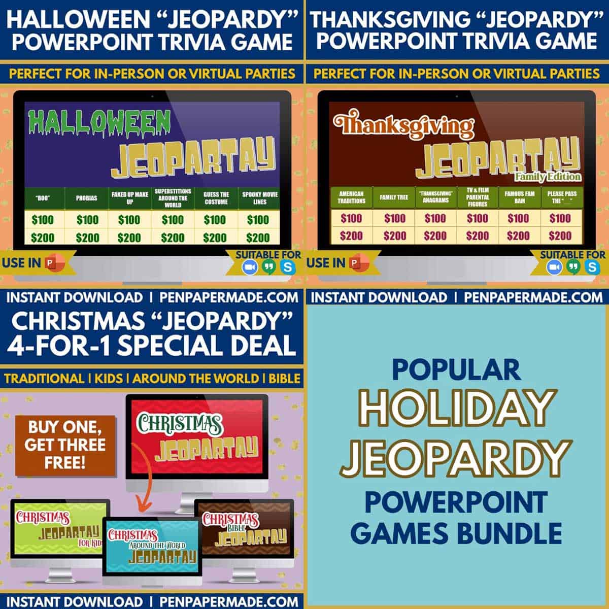 interactive holiday jeopardy game bundle in powerpoint for halloween, thanksgiving, christmas.