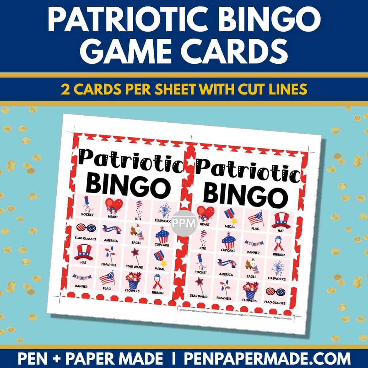 july fourth bingo card 4x4 5x7 game boards with images and text words.