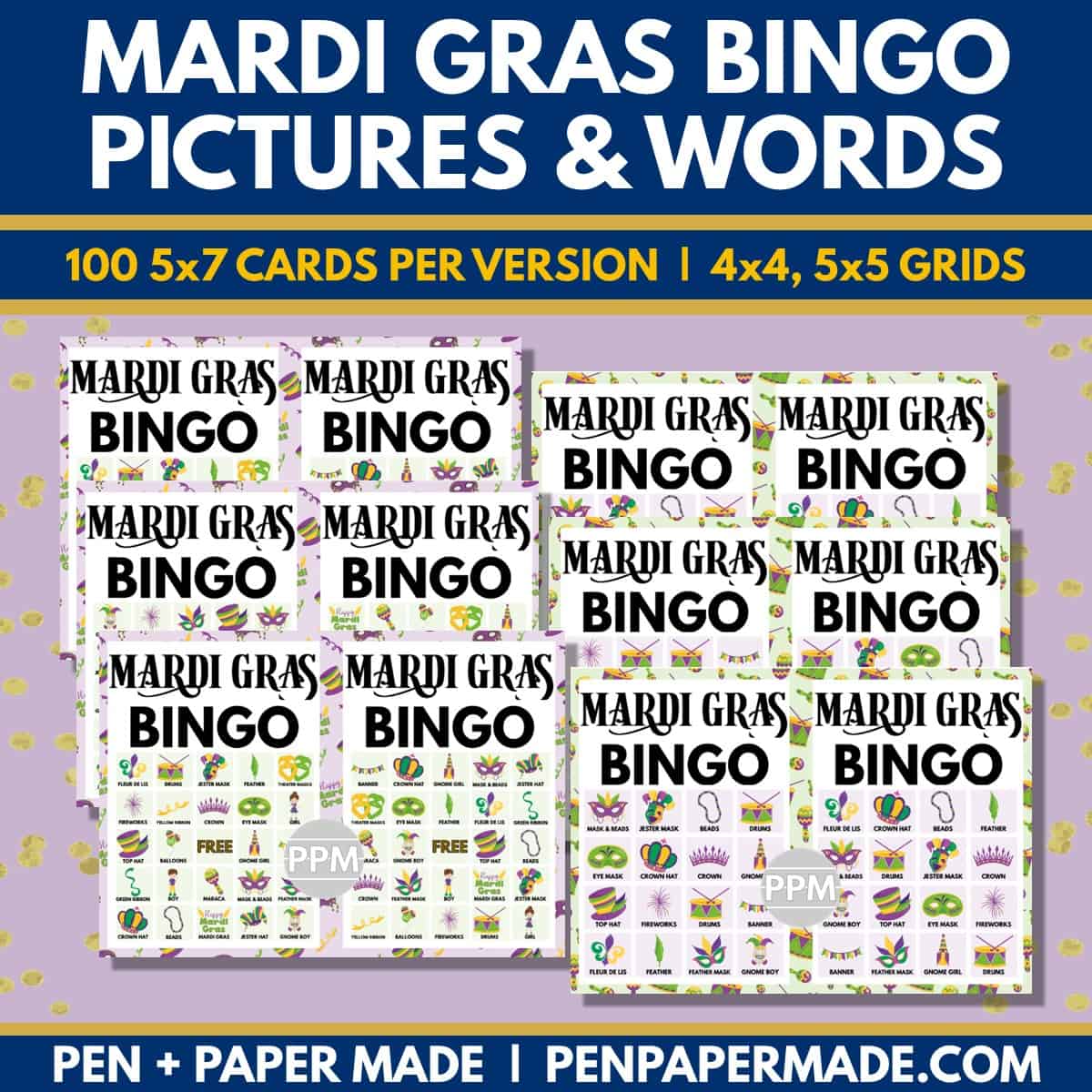 mardi gras bingo 5x5, 4x4 game cards bundle.