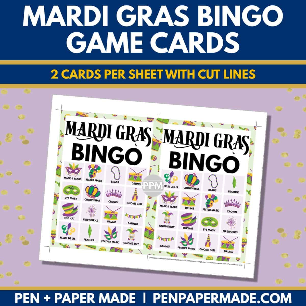 mardi gras bingo card 4x4 5x7 game boards with images and text words.