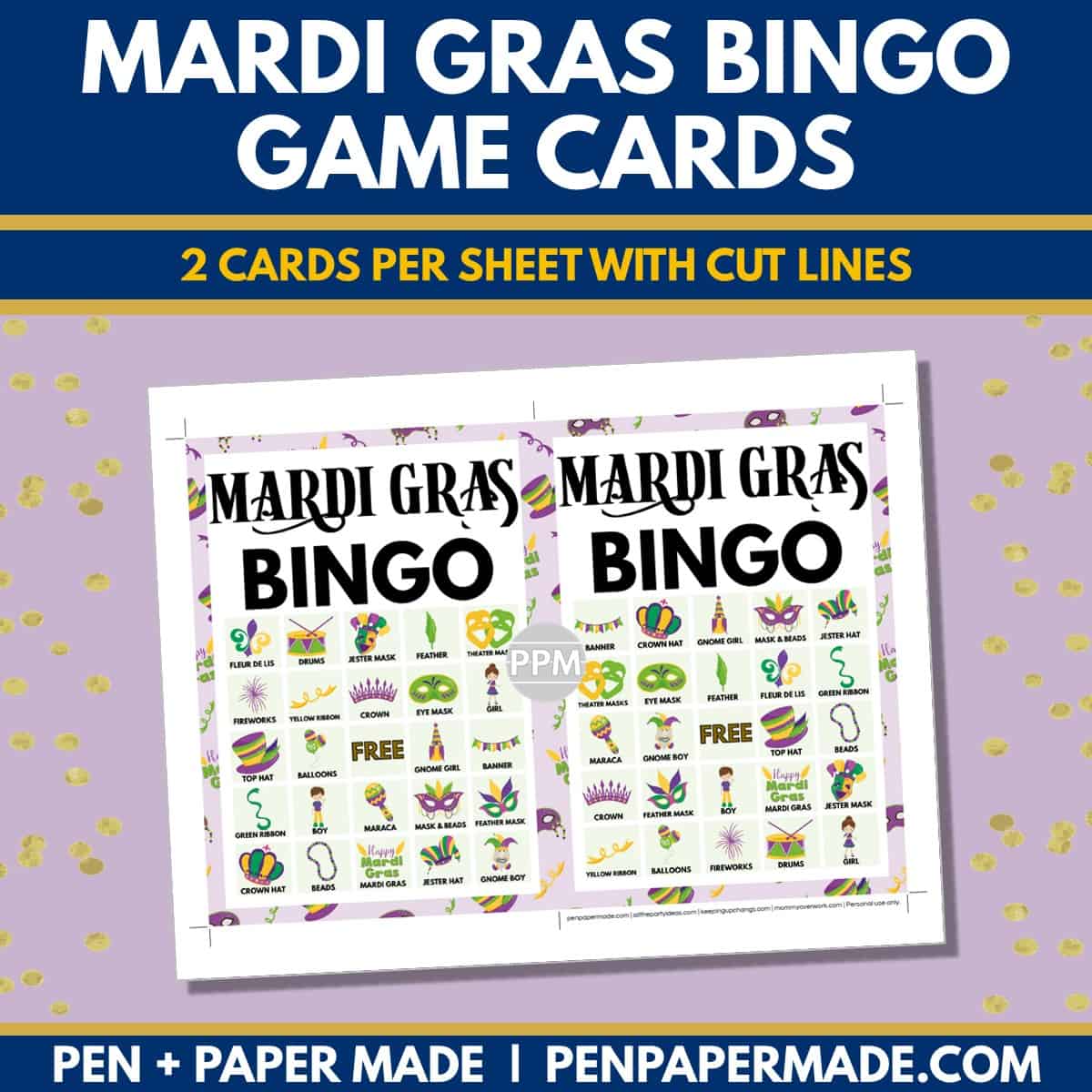 mardi gras bingo card 5x5 5x7 game boards with images and text words.