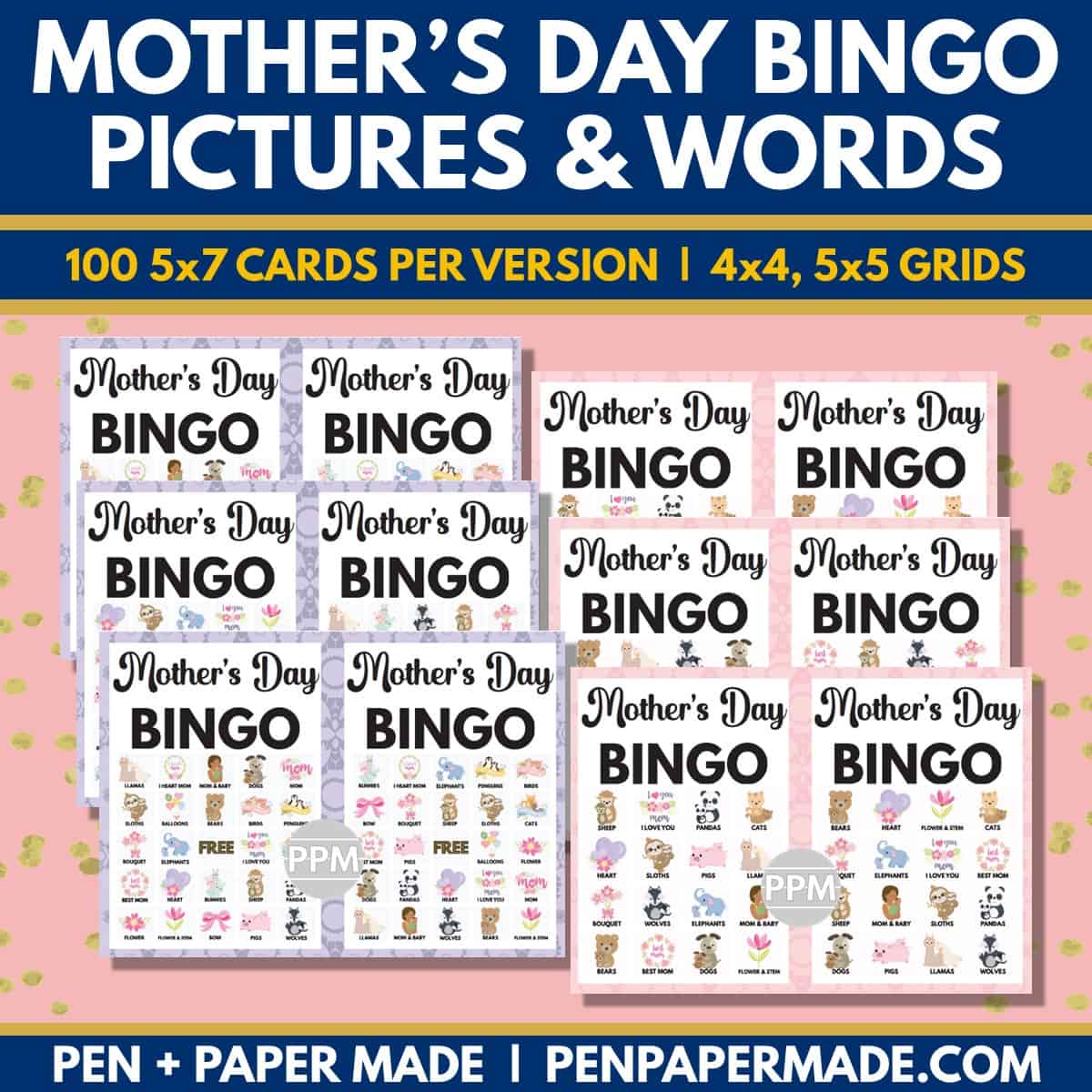 mother's day bingo 5x5, 4x4 game cards bundle.