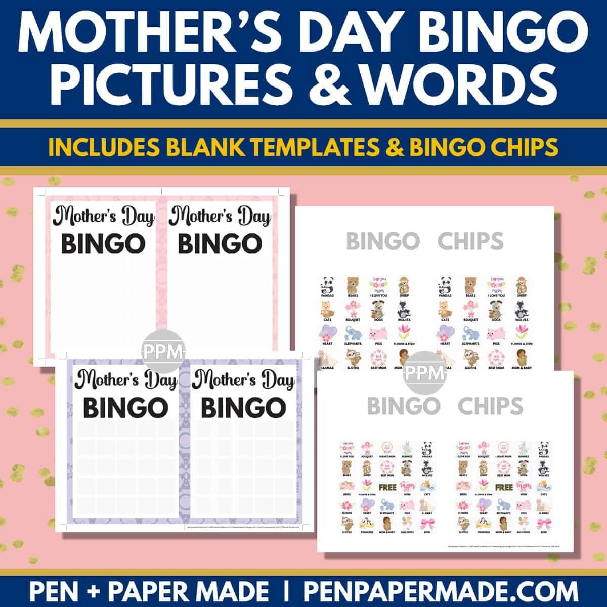 mother's day bingo card 5x5, 4x4 game chips, tokens, markers.
