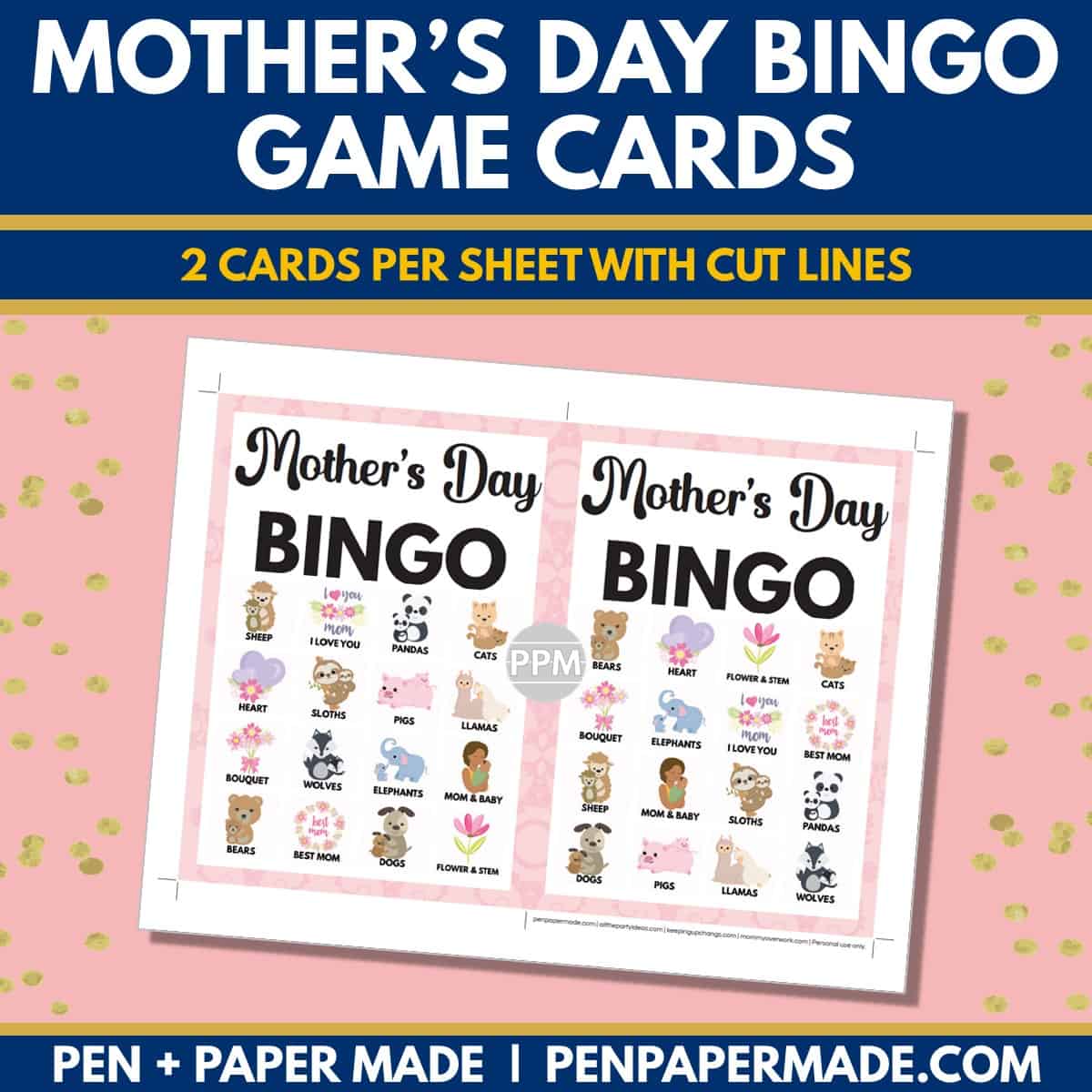 mother's day bingo card 4x4 5x7 game boards with images and text words.