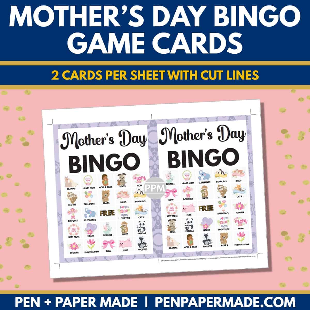 mother's day bingo card 5x5 5x7 game boards with images and text words.