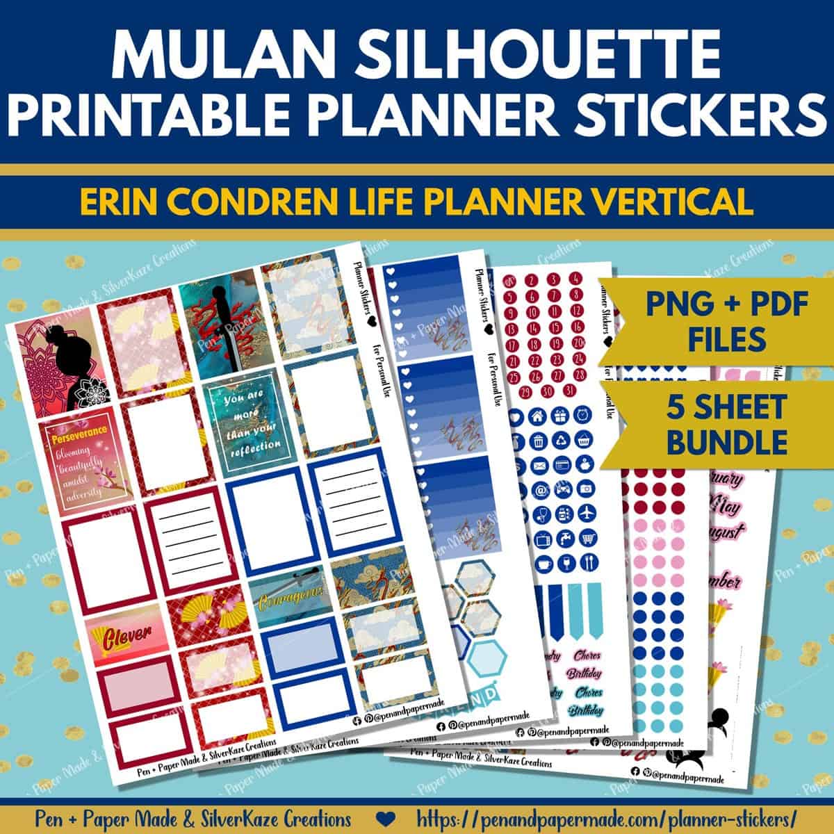 disney mulan red, pink, blue most popular printable planner sticker bundle.