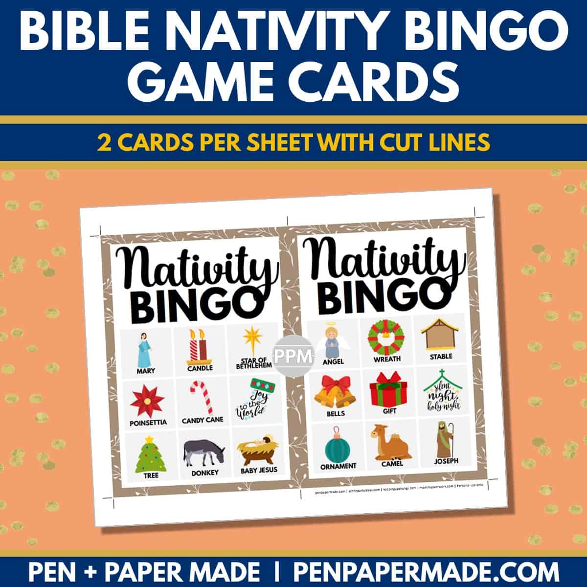 bible nativity christmas bingo card 3x3 5x7 game boards with images and text words.
