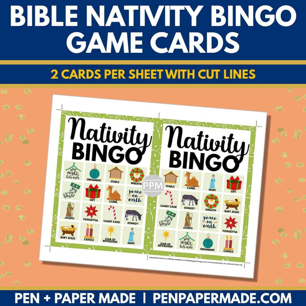 bible nativity christmas bingo card 4x4 5x7 game boards with images and text words.