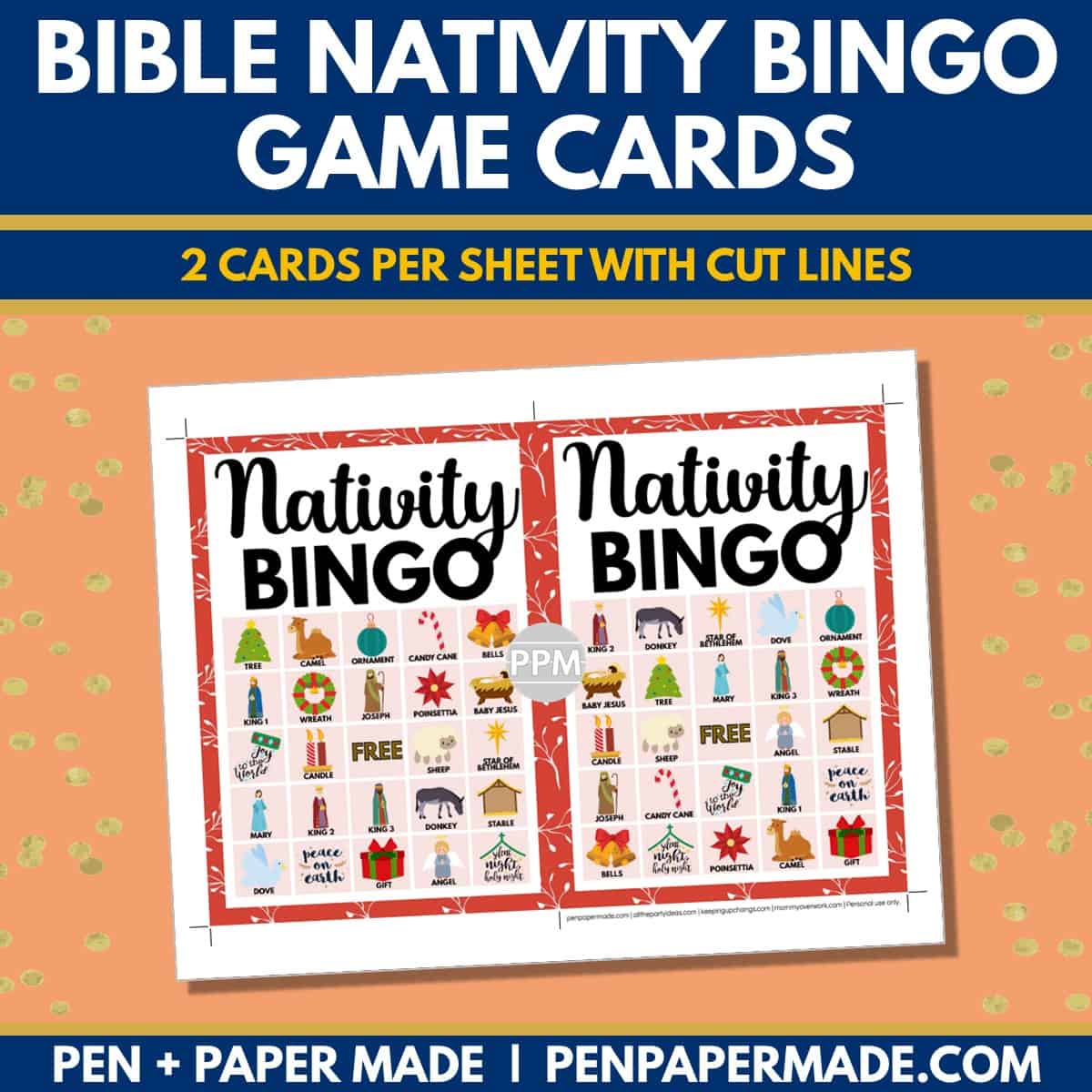 bible nativity christmas bingo card 5x5 5x7 game boards with images and text words.