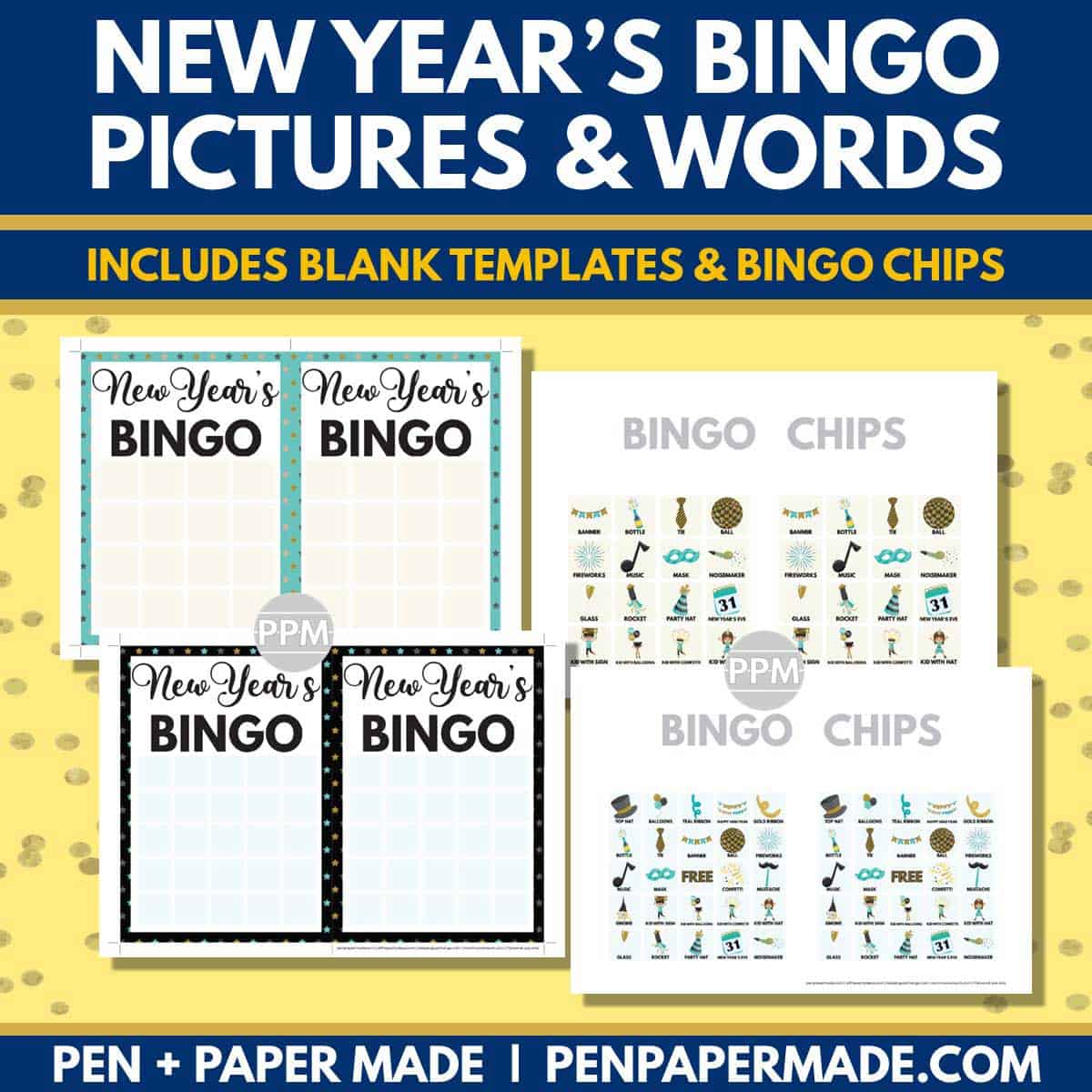 new year's day bingo card 5x5, 4x4 game chips, tokens, markers.