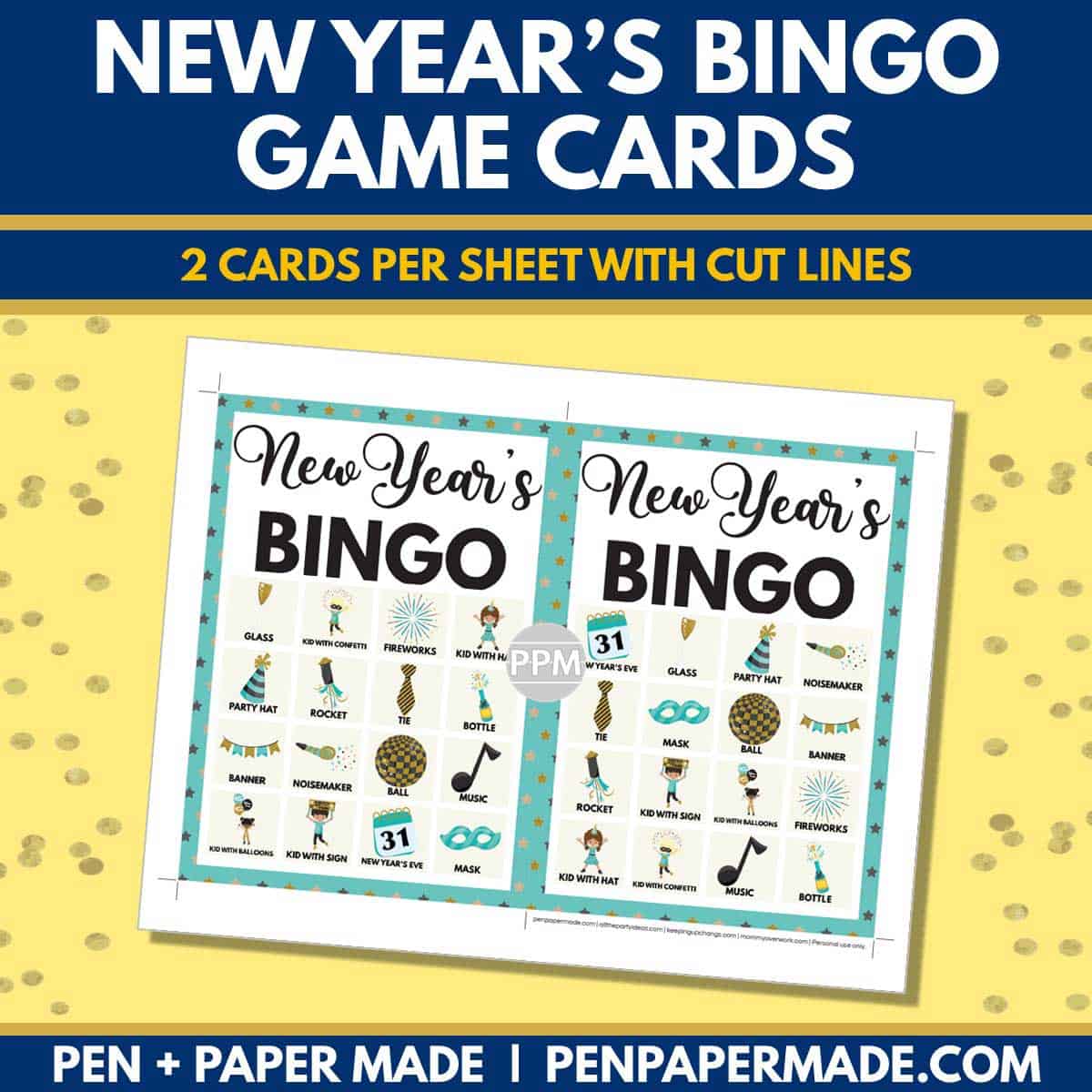 new year's day bingo card 4x4 5x7 game boards with images and text words.