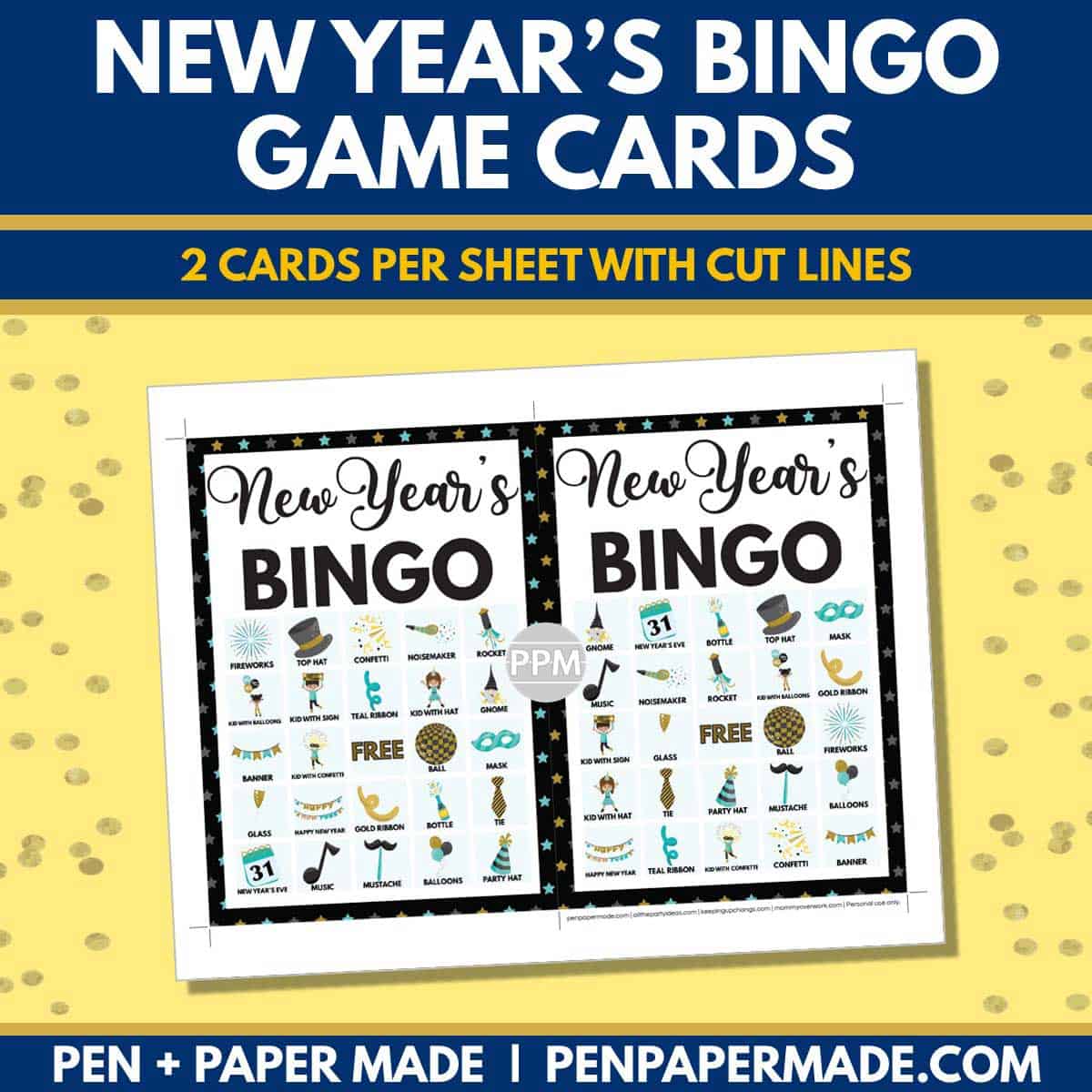 new year's day bingo card 5x5 5x7 game boards with images and text words.