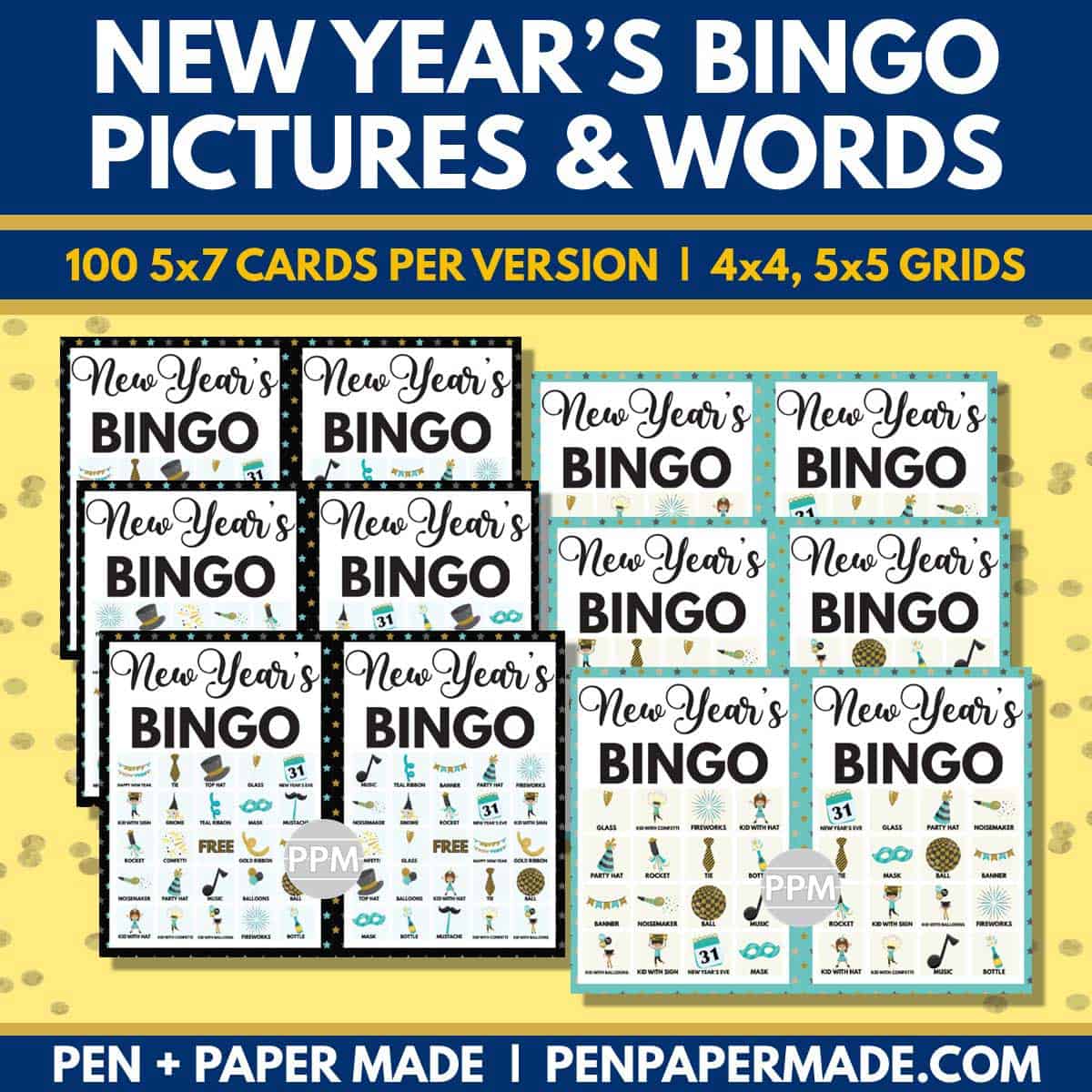 new years bingo 5x5, 4x4 game cards bundle.