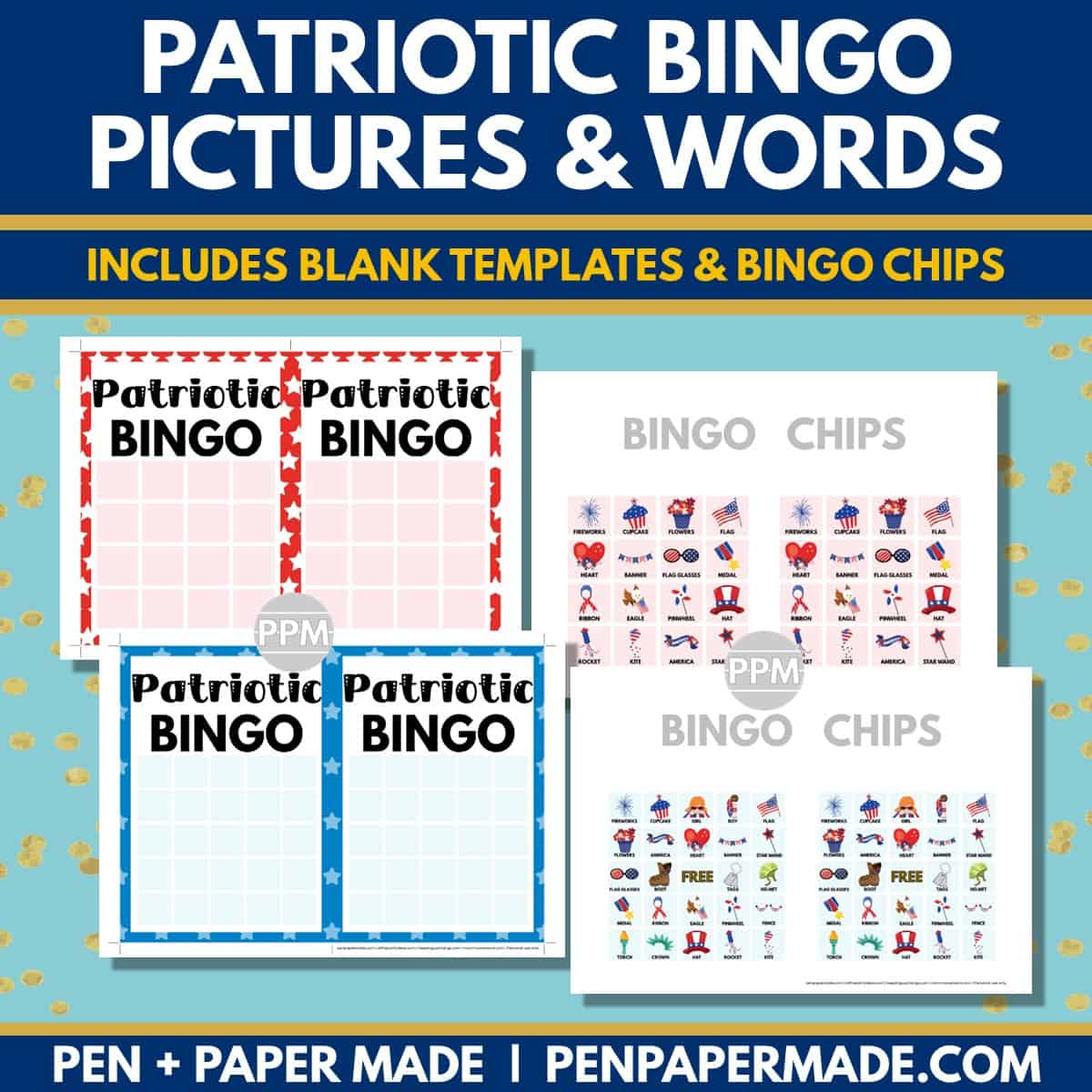 july fourth bingo card 5x5, 4x4 game chips, tokens, markers.