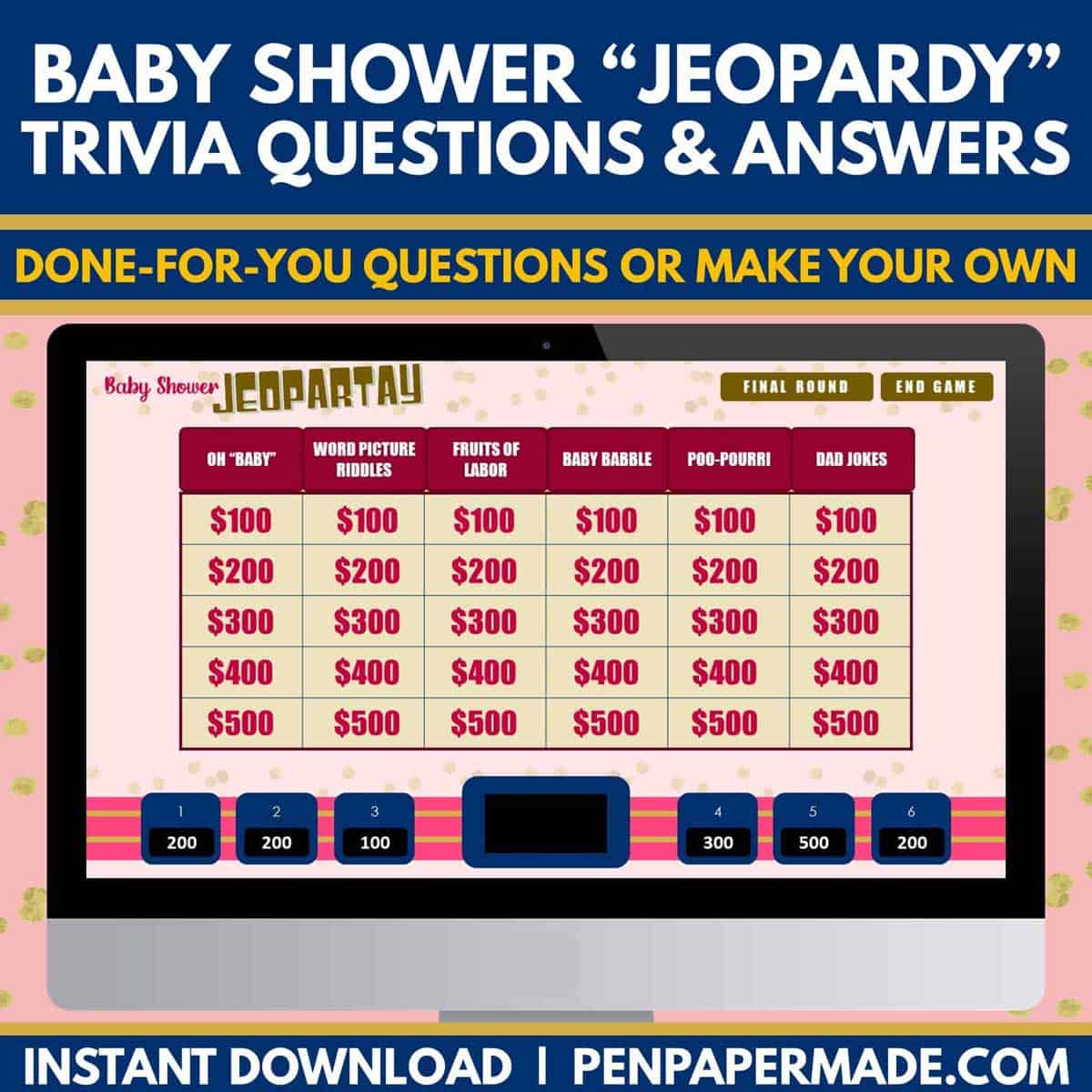 pink baby shower jeopardy done for you questions on game board.