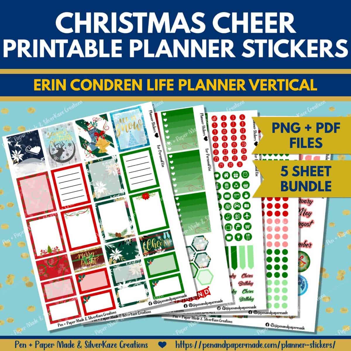 winter christmas cheer gold, red, green, pink, blue best selling printable planner stickers