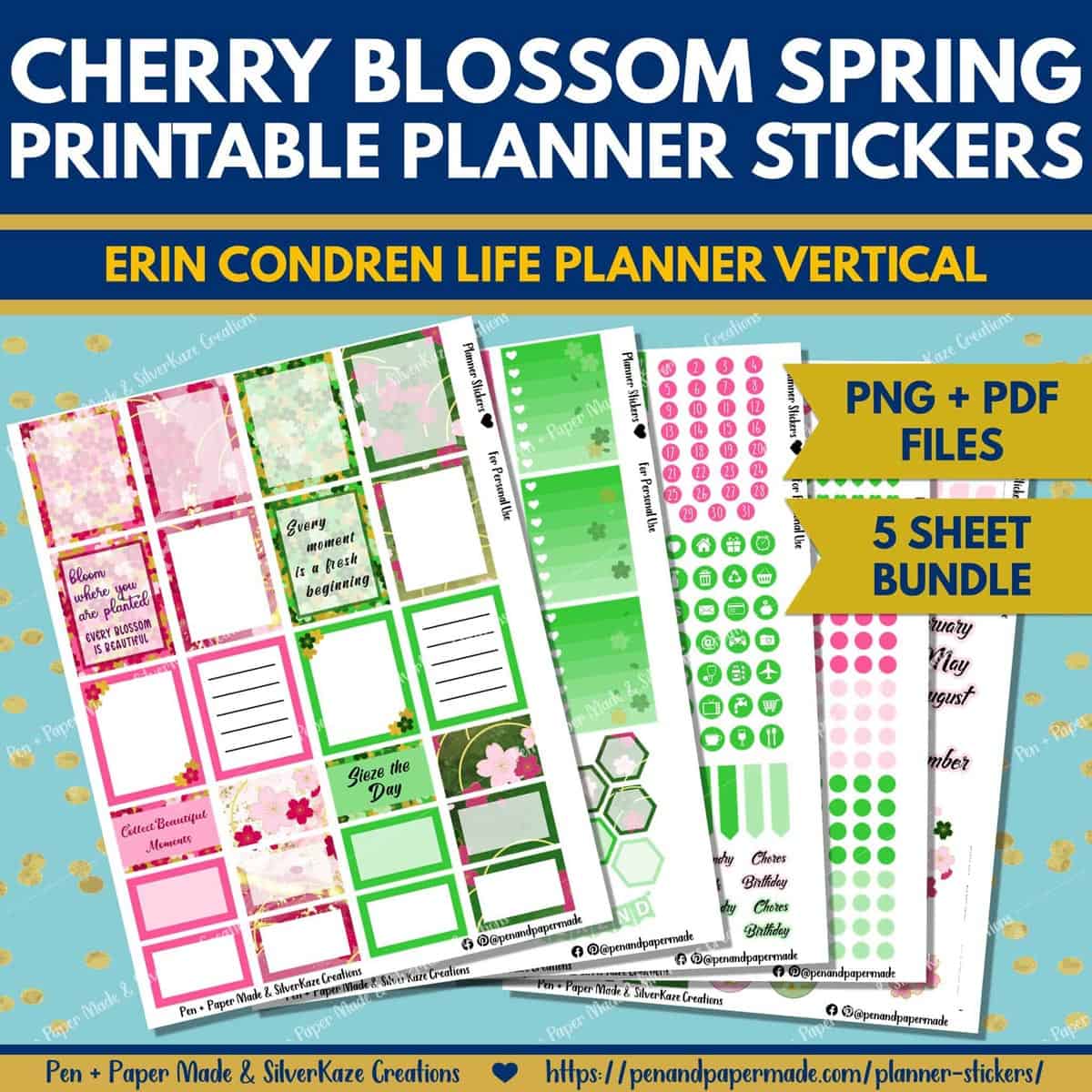 pink green spring cherry blossom best selling printable planner stickers.