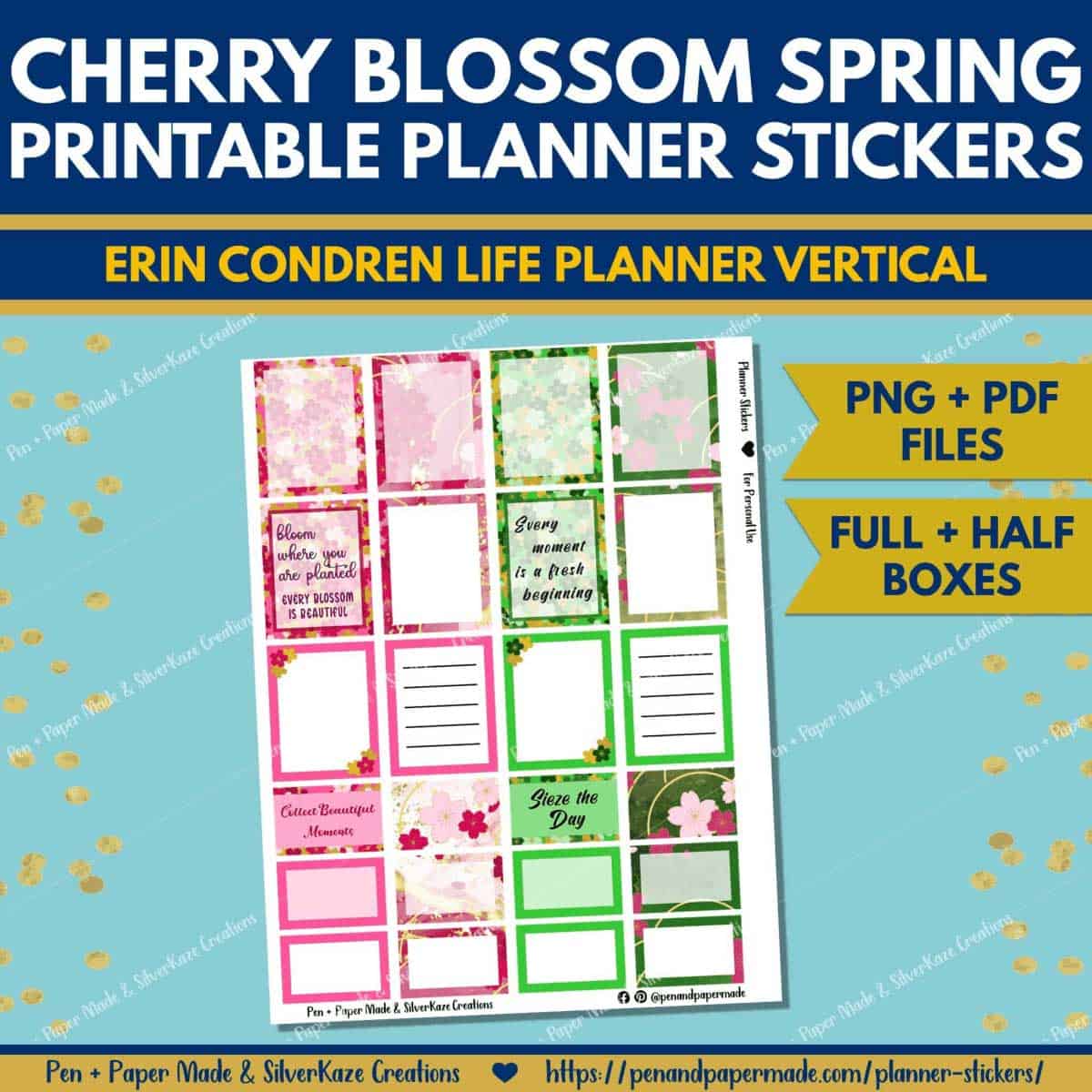 pink, green spring cherry blossom full, half, quarter boxes with quotes, lists, notes.