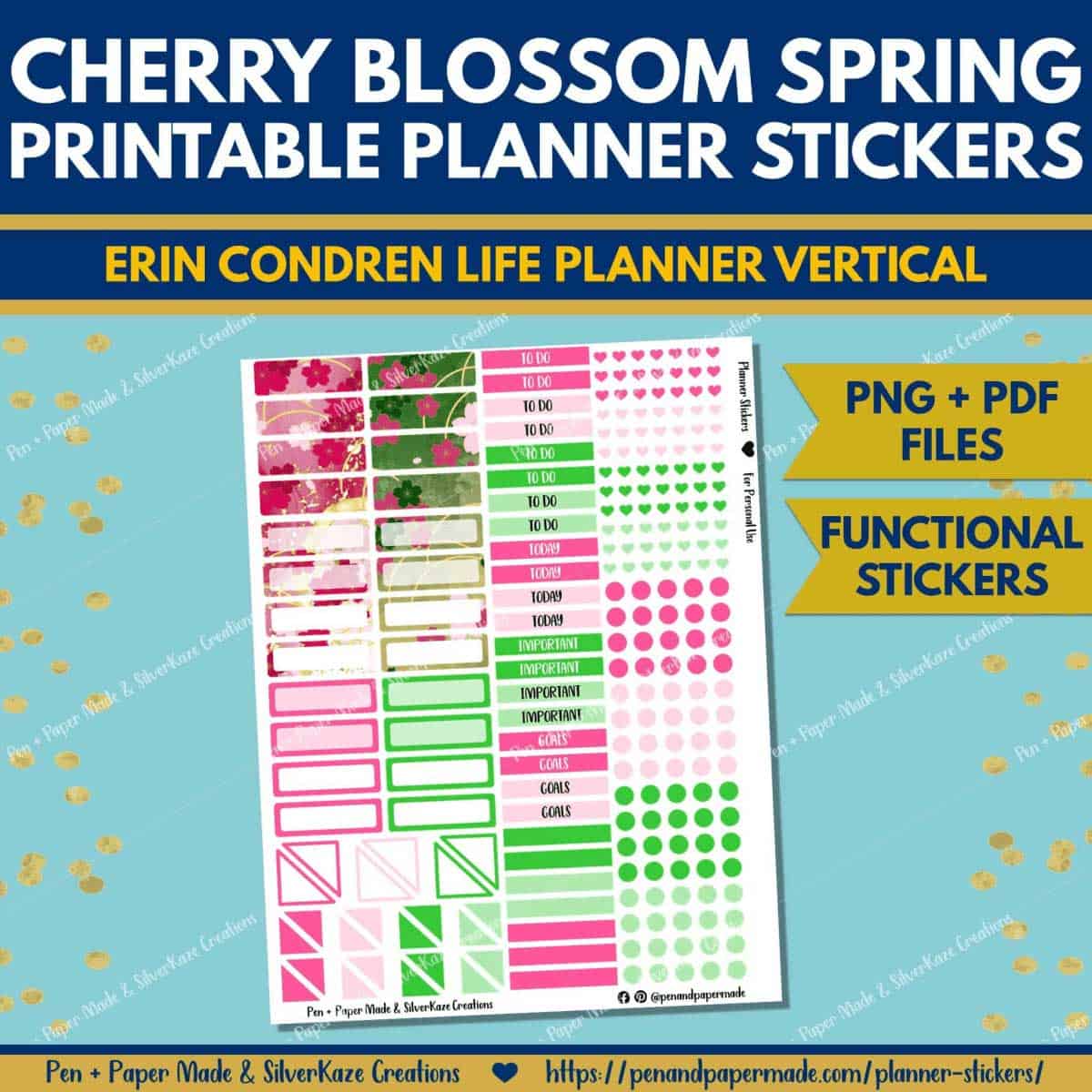 spring cherry blossom in pink, green functional sticker labels.