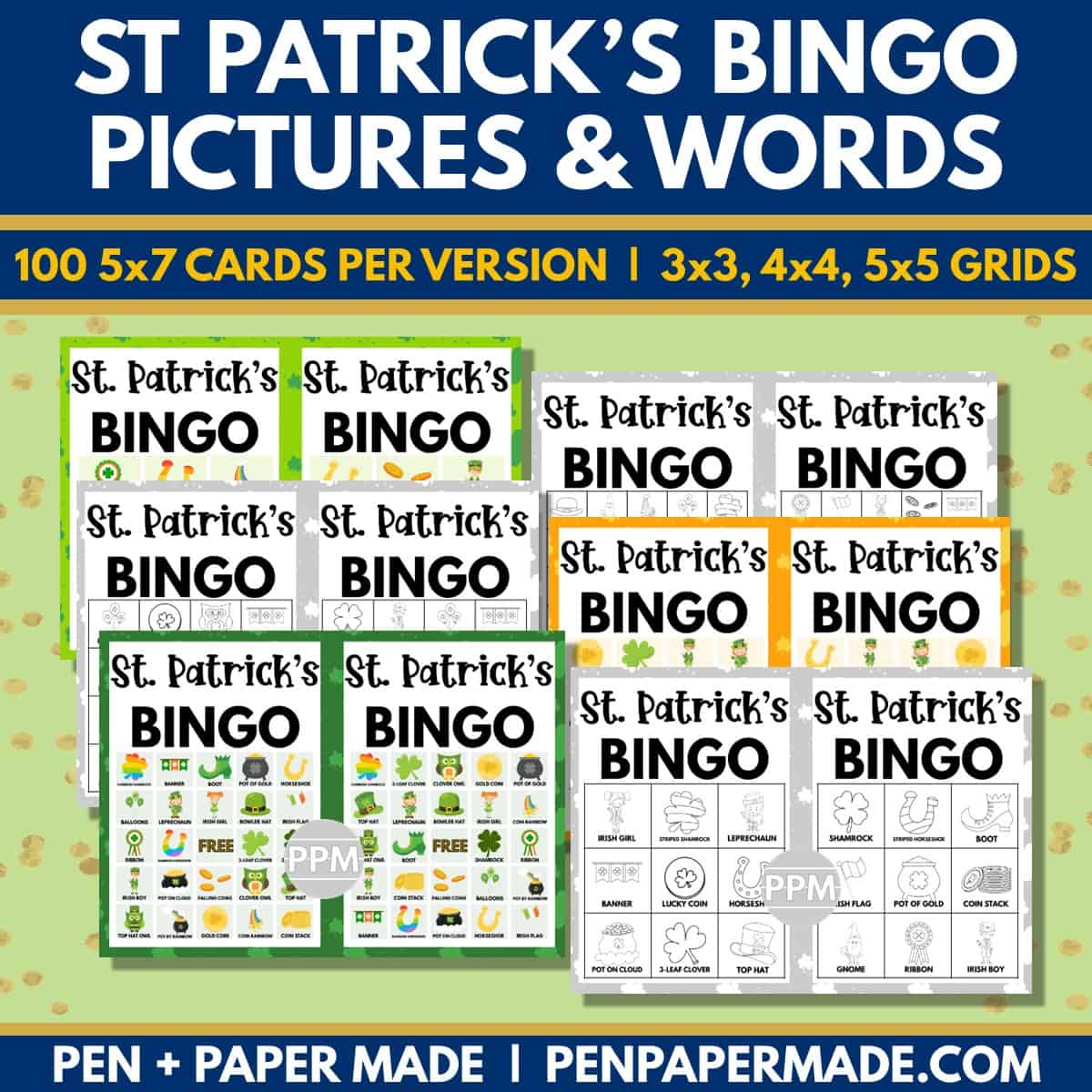 st. patrick's day bingo color, black and white game cards bundle.