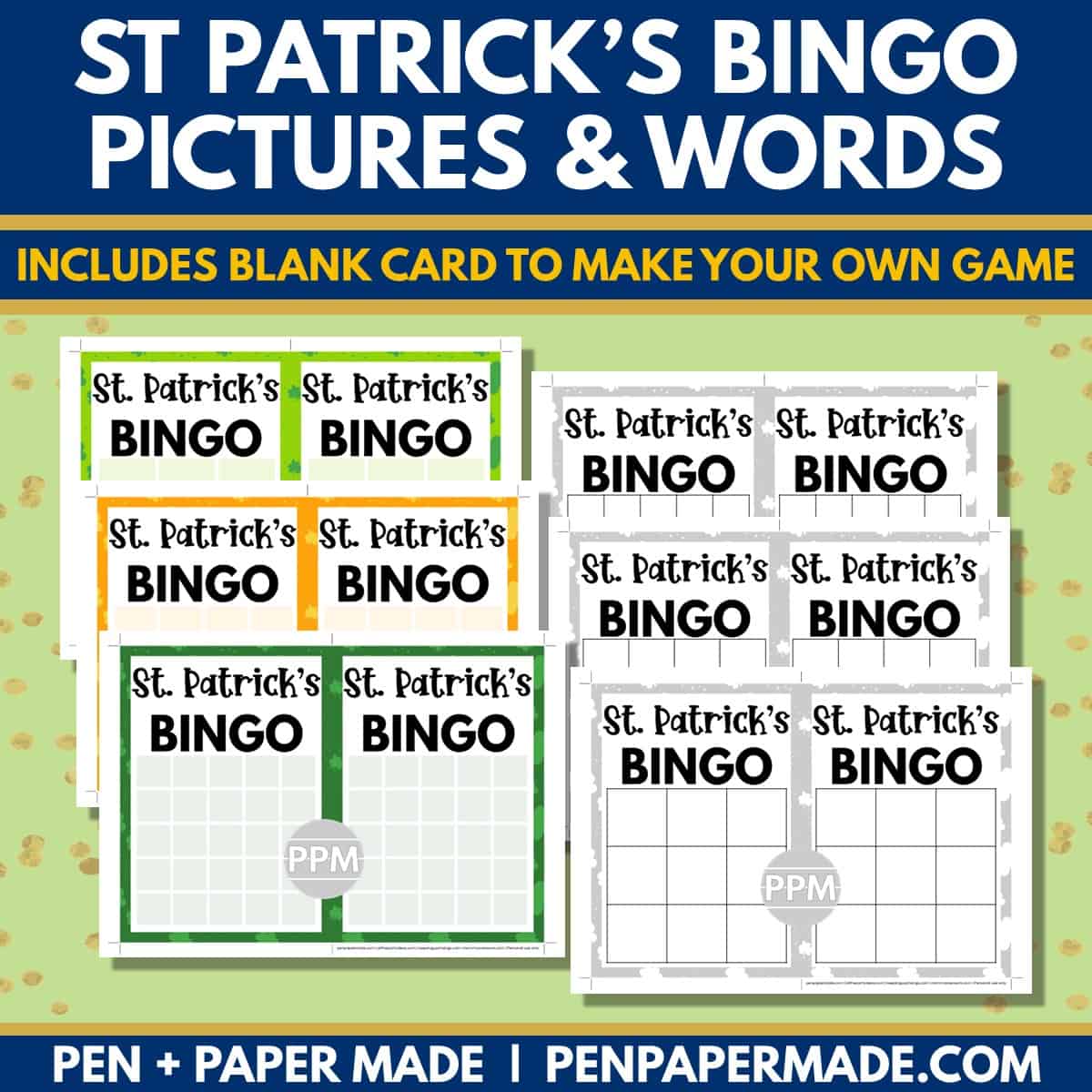 st. patrick's day bingo 5x5, 4x4, 3x3 bingo card blank template.