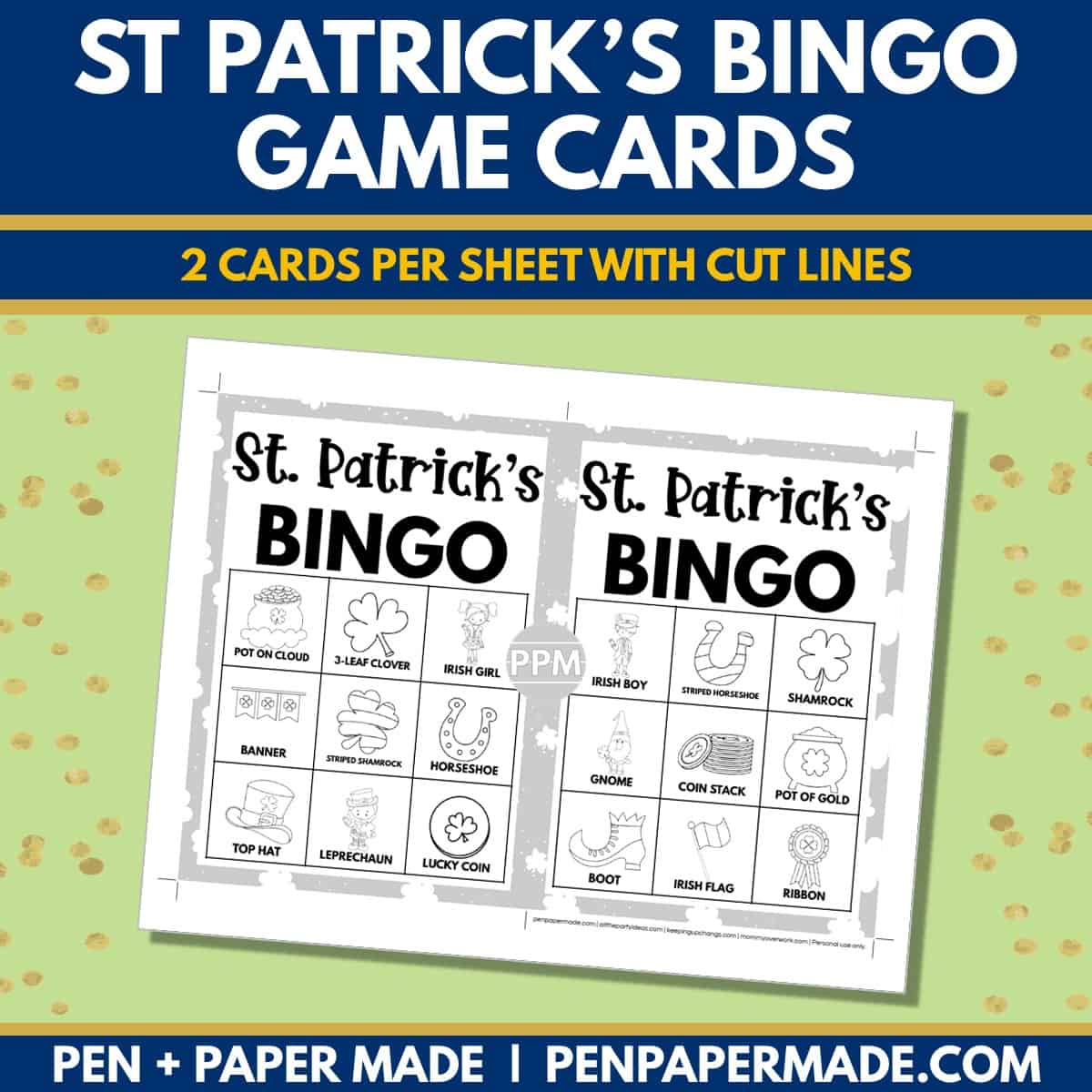 st. patrick's day bingo card 3x3 5x7 game boards with images and text words.