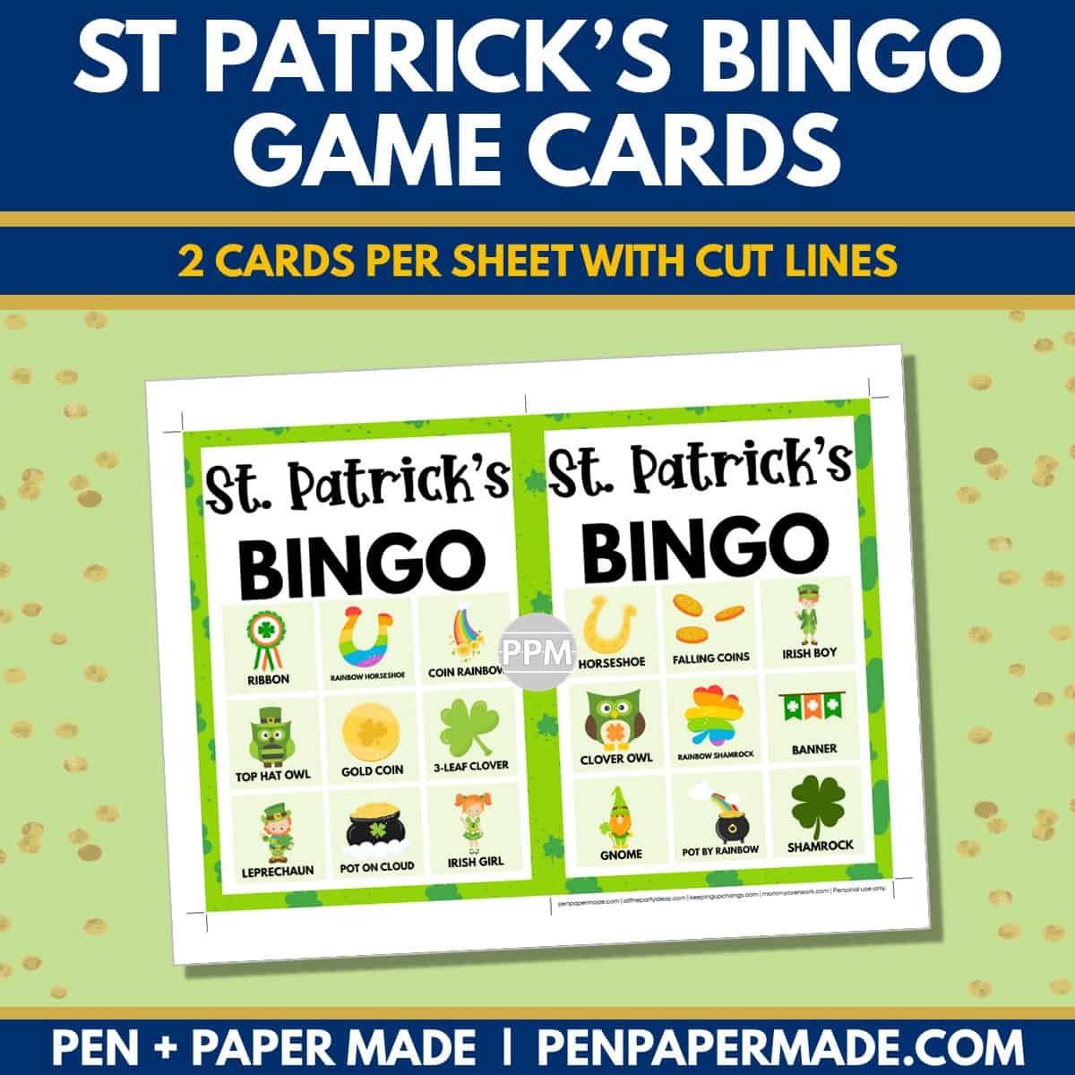 st. patrick's day bingo card 3x3 5x7 game boards with images and text words.