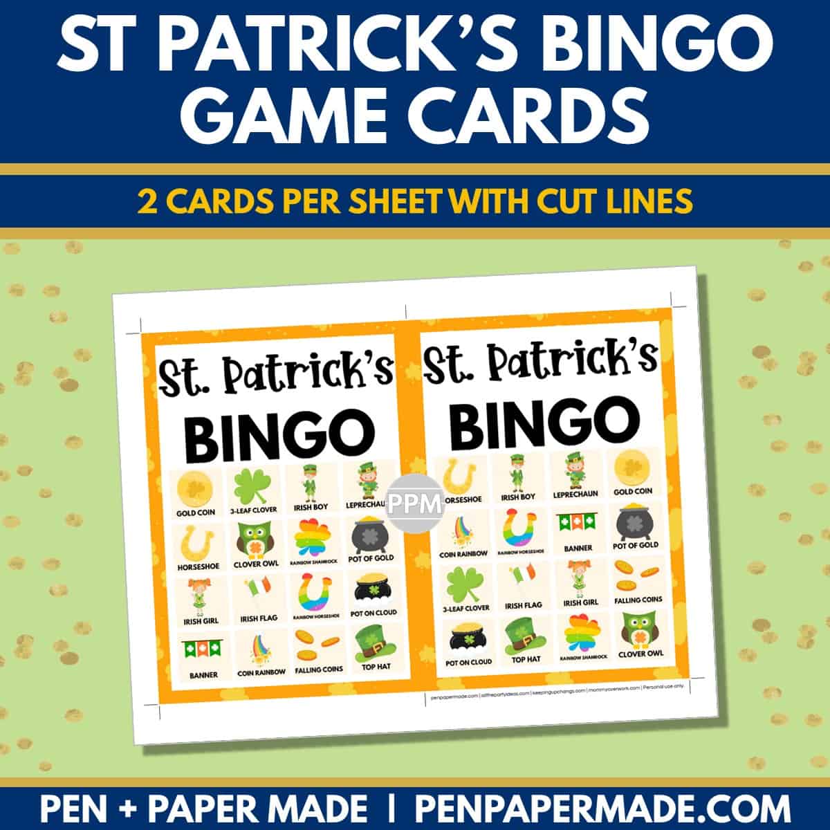 st. patrick's day bingo card 4x4 5x7 game boards with images and text words.