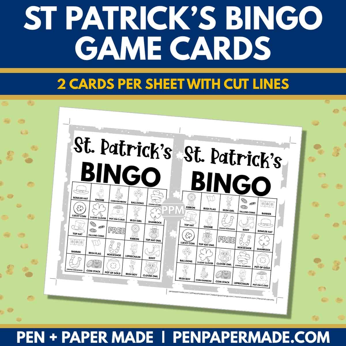 st. patrick's day bingo card 5x5 5x7 game boards with black white images and text words for coloring.