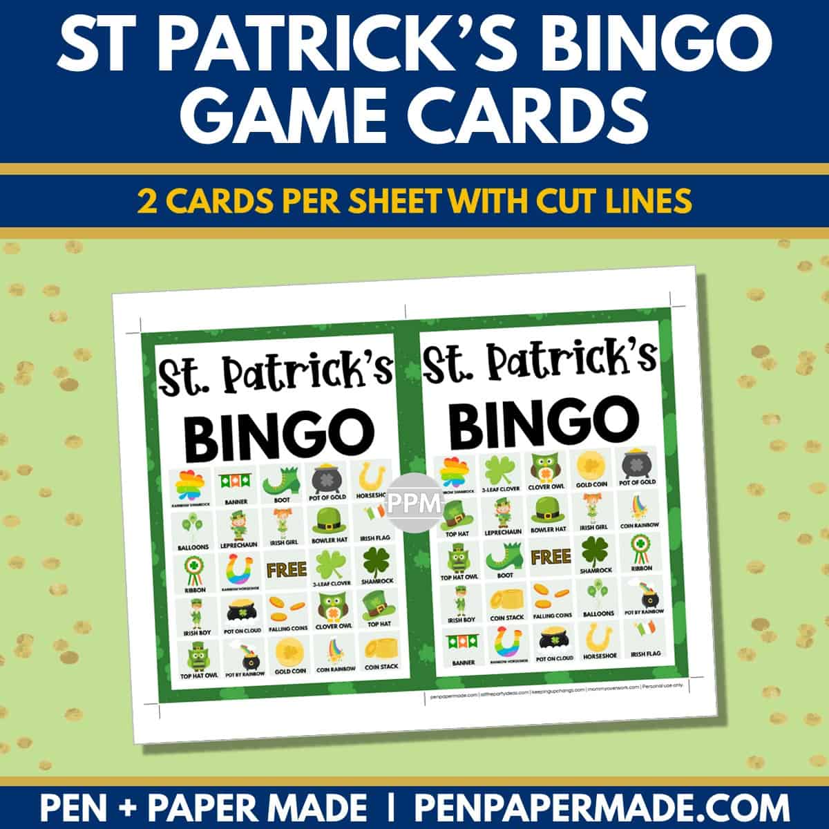 st. patrick's day bingo card 5x5 5x7 game boards with images and text words.