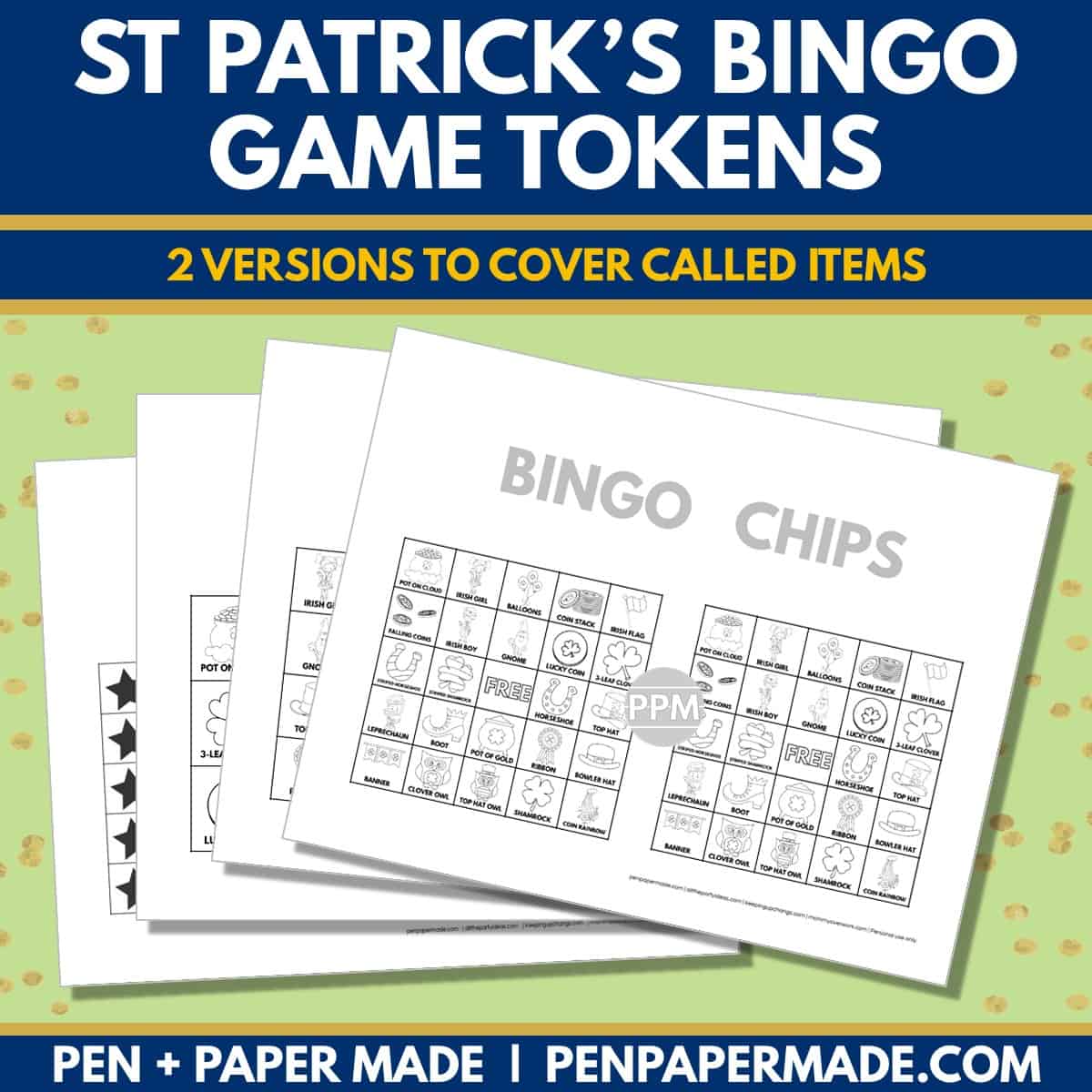 st. patrick's day bingo card 5x5, 4x4, 3x3 game chips, tokens, markers.