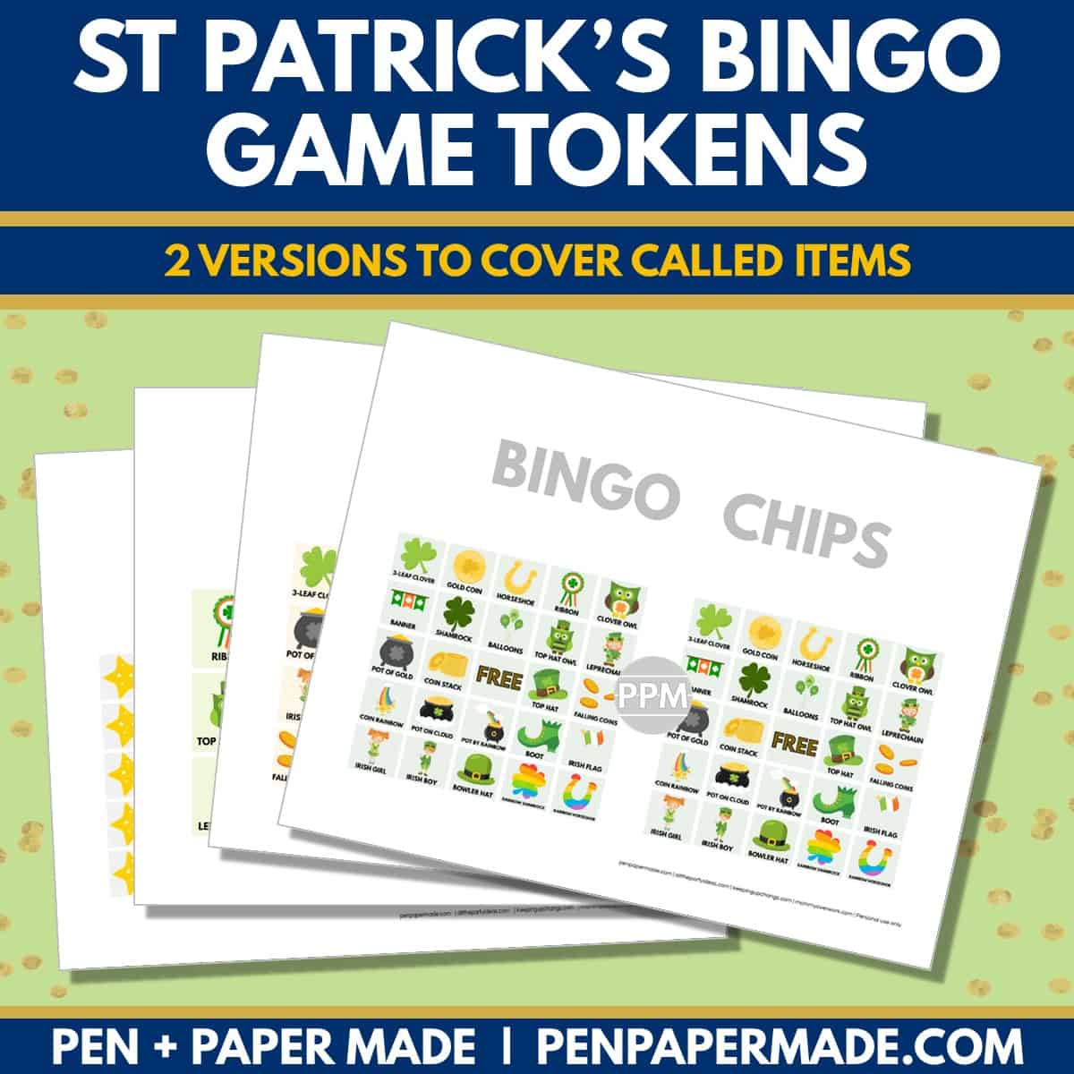 st. patrick's day bingo card 5x5, 4x4, 3x3 game chips, tokens, markers.