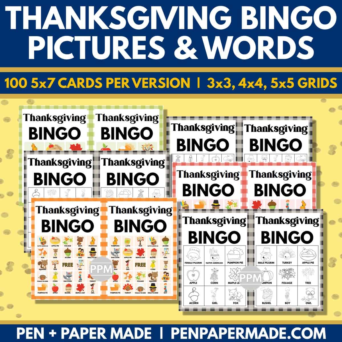 thanksgiving bingo color, black and white game cards bundle.
