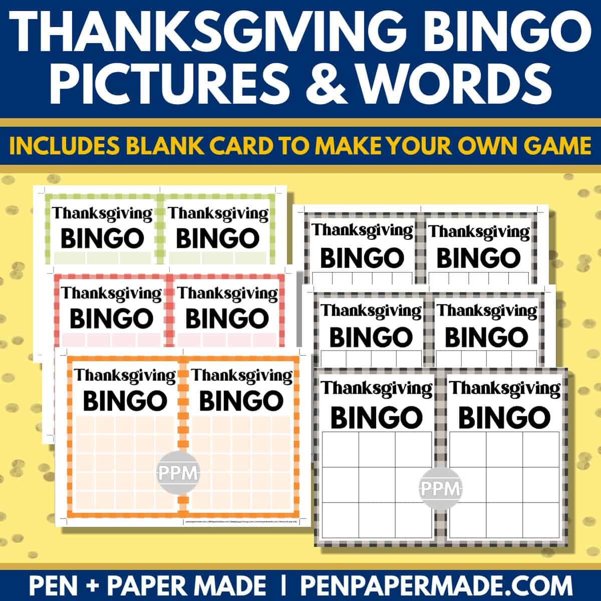 thanksgiving bingo 5x5, 4x4, 3x3 bingo card blank template.