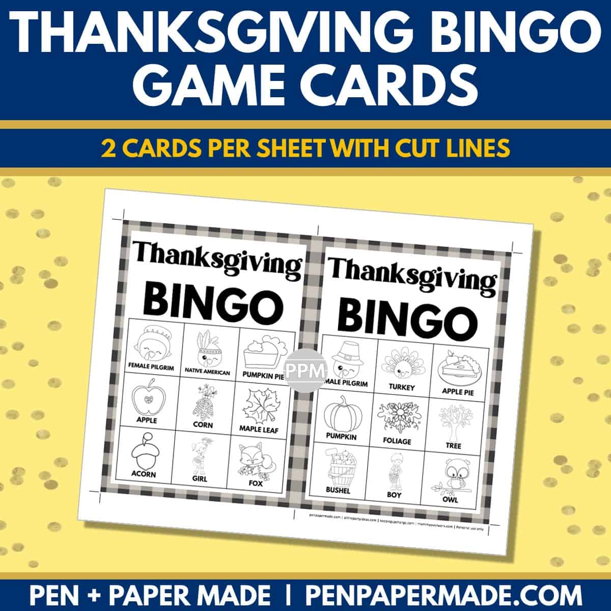 thanksgiving bingo card 3x3 5x7 game boards with images and text words.