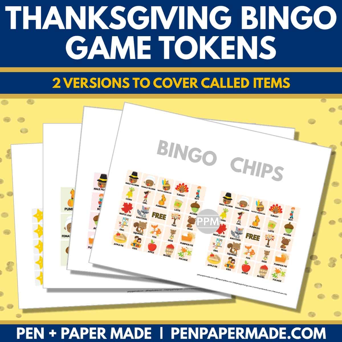 thanksgiving bingo card 5x5, 4x4, 3x3 game chips, tokens, markers.