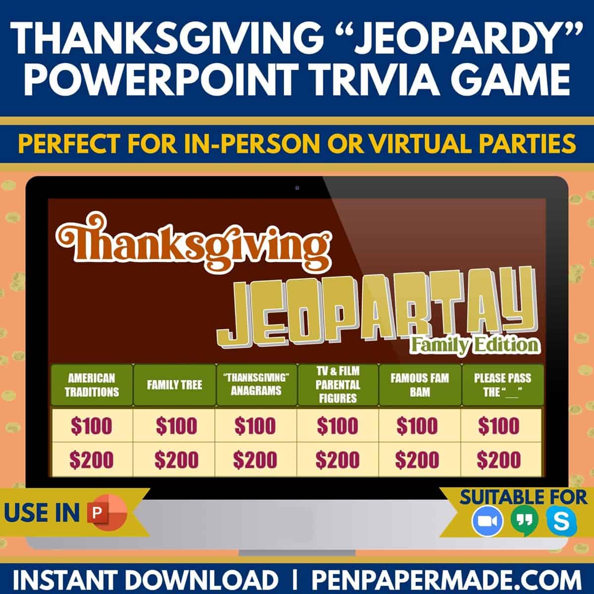 family thanksgiving jeopardy powerpoint title and game categories.