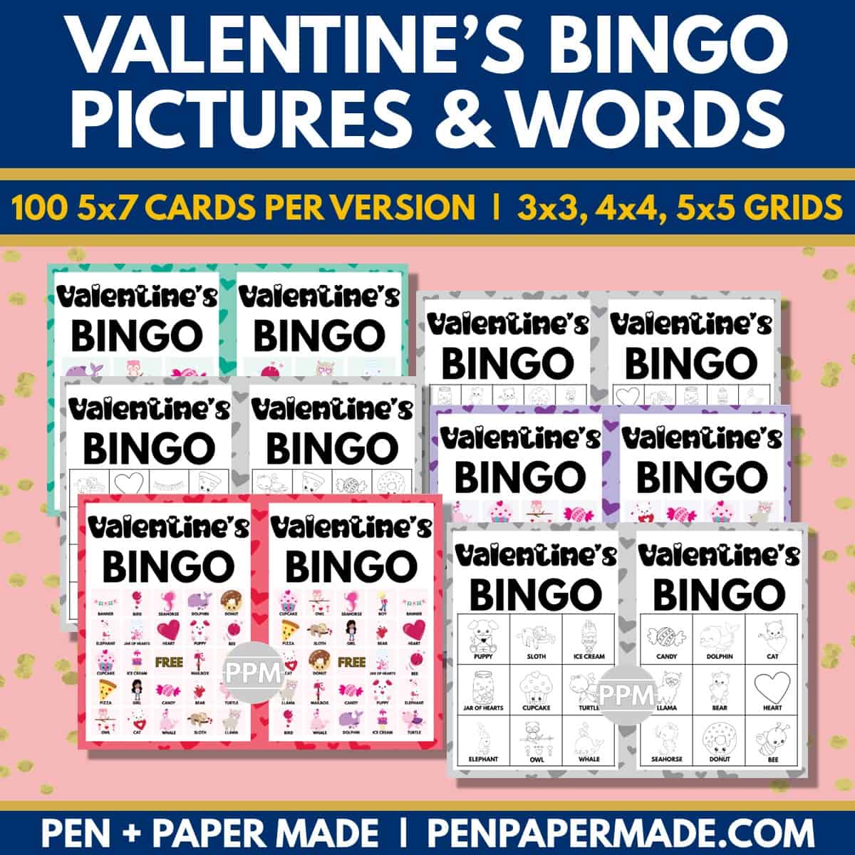 valentine's bingo color, black and white game cards bundle.