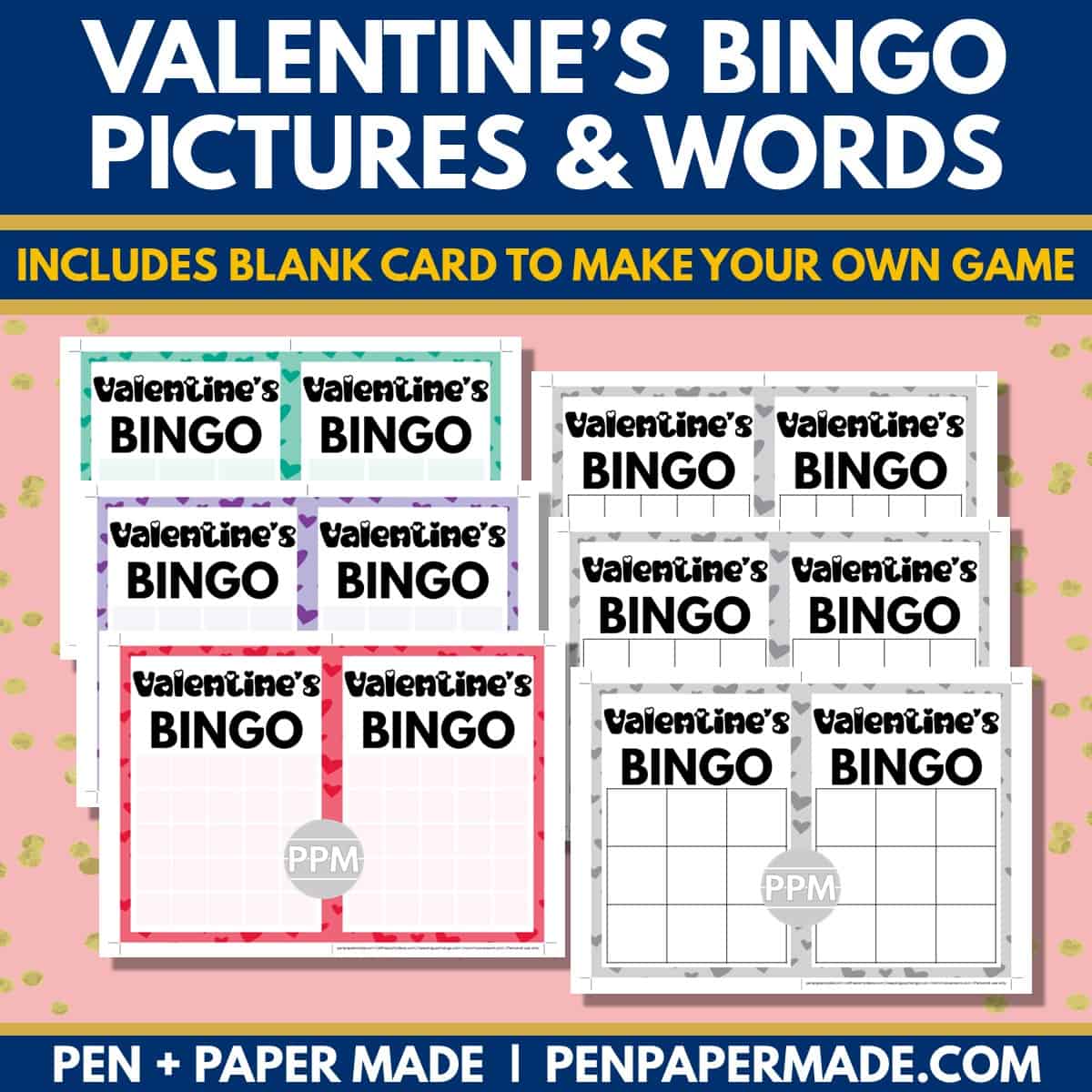 valentine's day bingo 5x5, 4x4, 3x3 bingo card blank template.