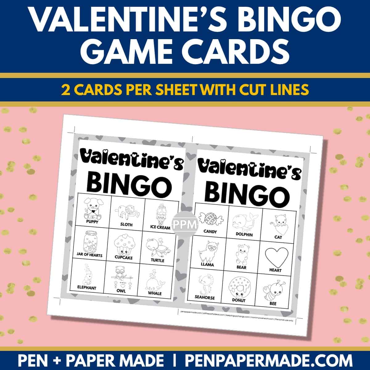 valentine's day bingo card 3x3 5x7 game boards with images and text words.