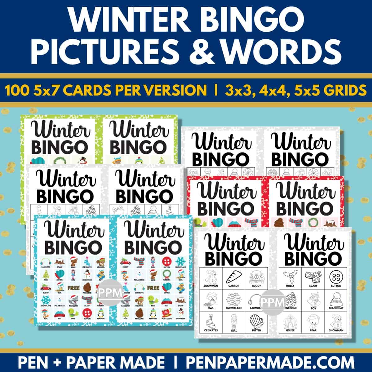 winter bingo color, black and white game cards bundle.