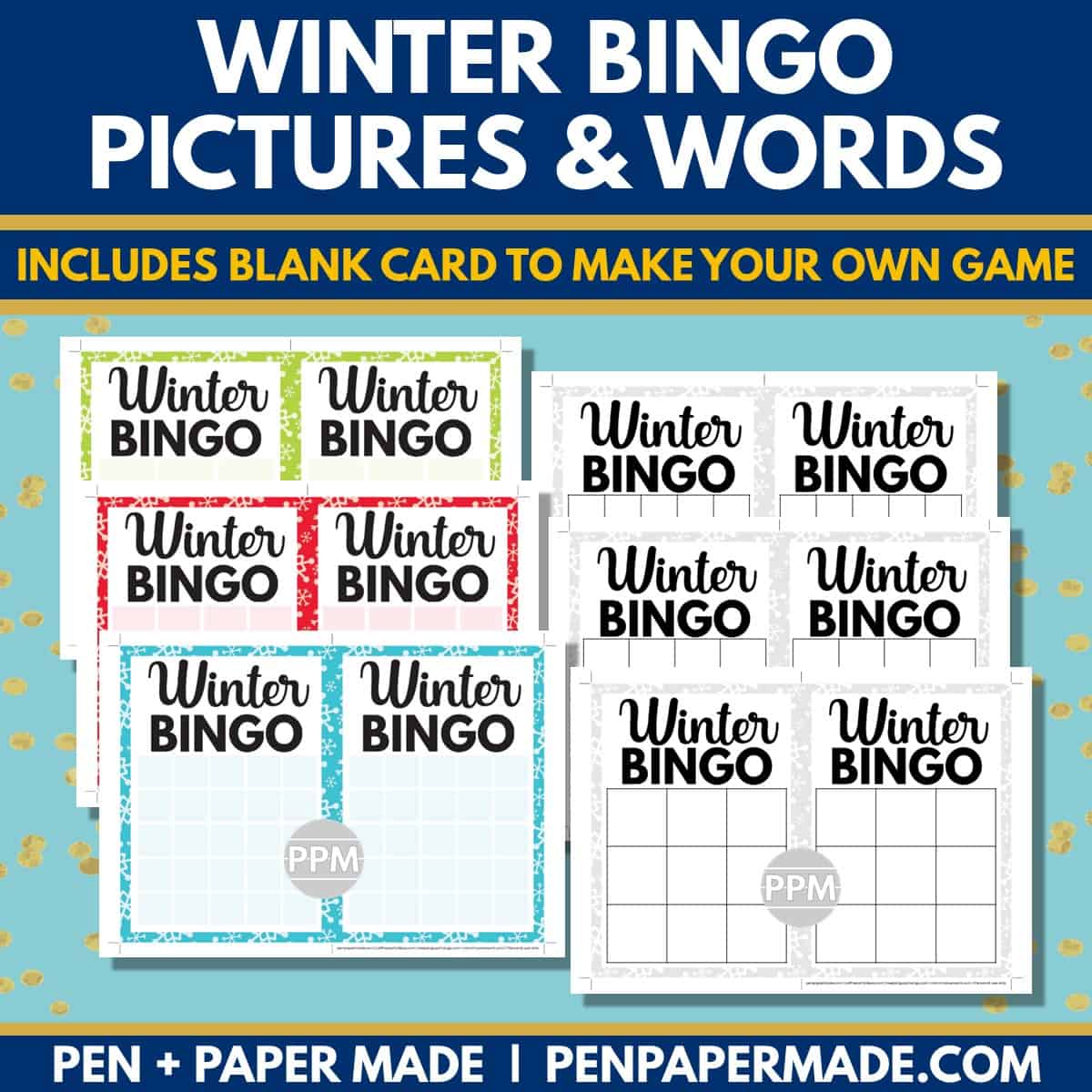 winter bingo 5x5, 4x4, 3x3 bingo card blank template.