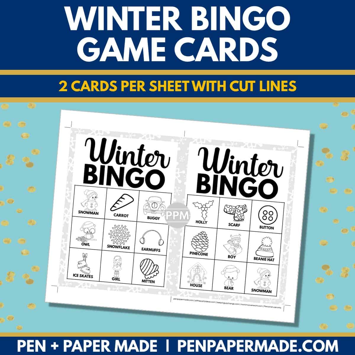 winter bingo card 3x3 5x7 game boards with images and text words.