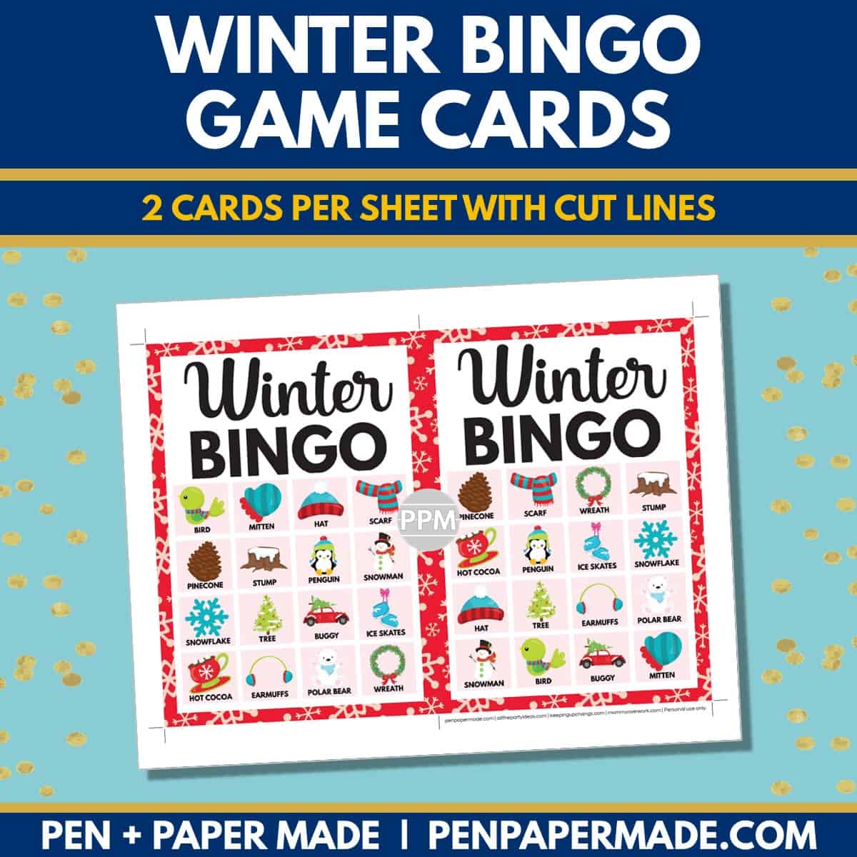 winter bingo card 4x4 5x7 game boards with images and text words.