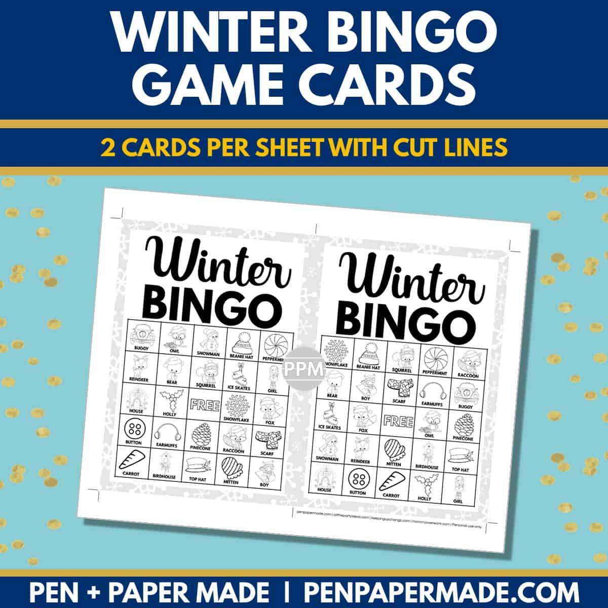 winter bingo card 5x5 5x7 game boards with black white images and text words for coloring.